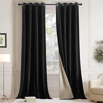 GIGIZAZA 100% Blackout Velvet Curtains 72 Inch 2 Panels, Black Window Drapes Lining Thermal Insulated Luxury Curtain for Living Room Darkening Bedroom