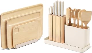 Caraway Kitchen Prep & Cutting Board Set - Kitchen Knife Set & Wooden Utensil Set & 3 Wood Cutting Boards - Non-Toxic Materials - Includes Organizers - Cream