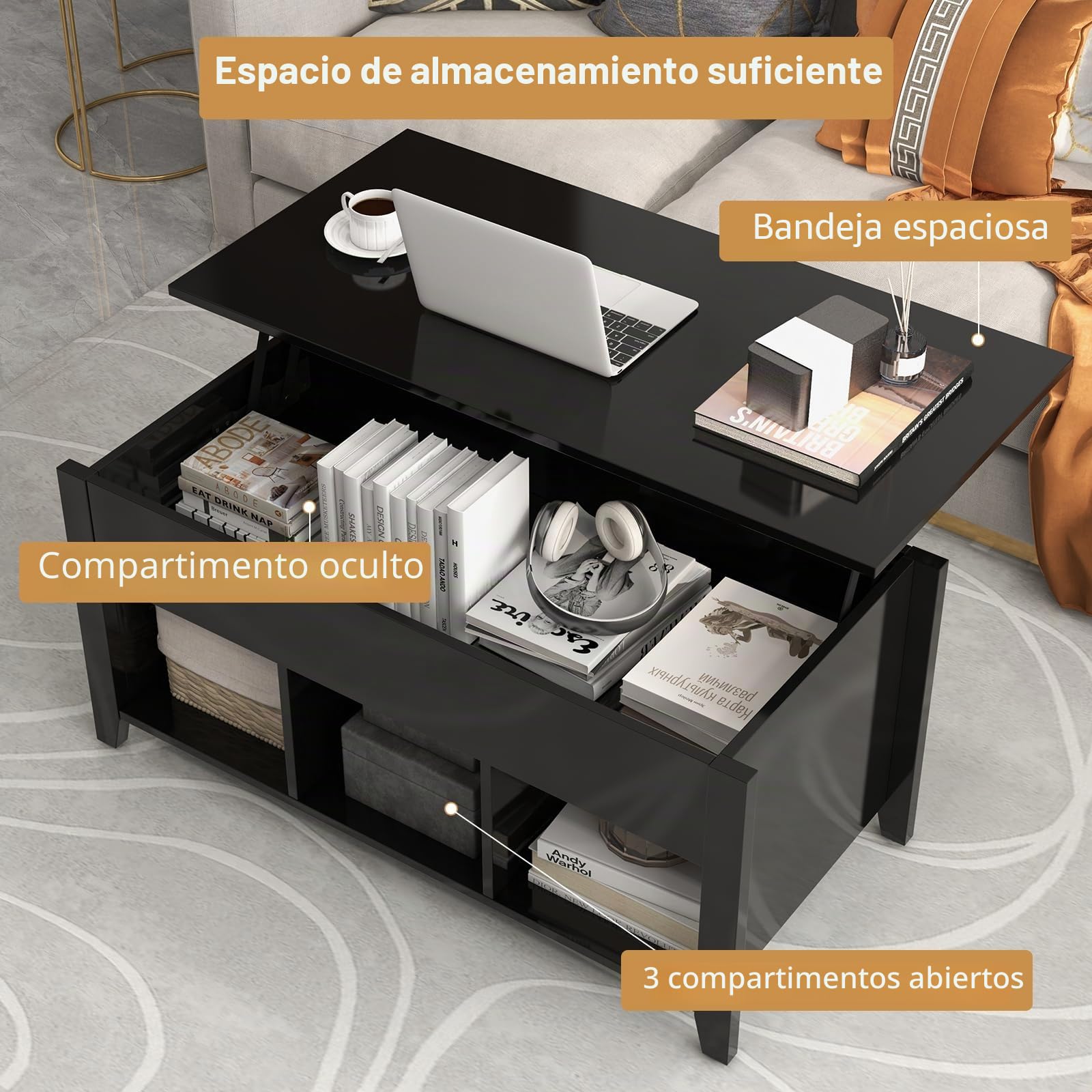 GOPLUS Mesa de Centro Elevable, Mesa Baja Café con Compartimento Oculto y 3 Compartimentos de Almacenamiento, Decorativo para Salón y Oficina (105x52x63 cm, Negro)