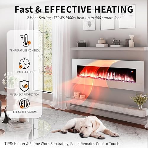 Miniatura 5 de Chimenea eléctrica de montaje en pared de 60 pulgadas, chimenea colgante de pared de acero inoxidable con control remoto, registro de brillo de 6