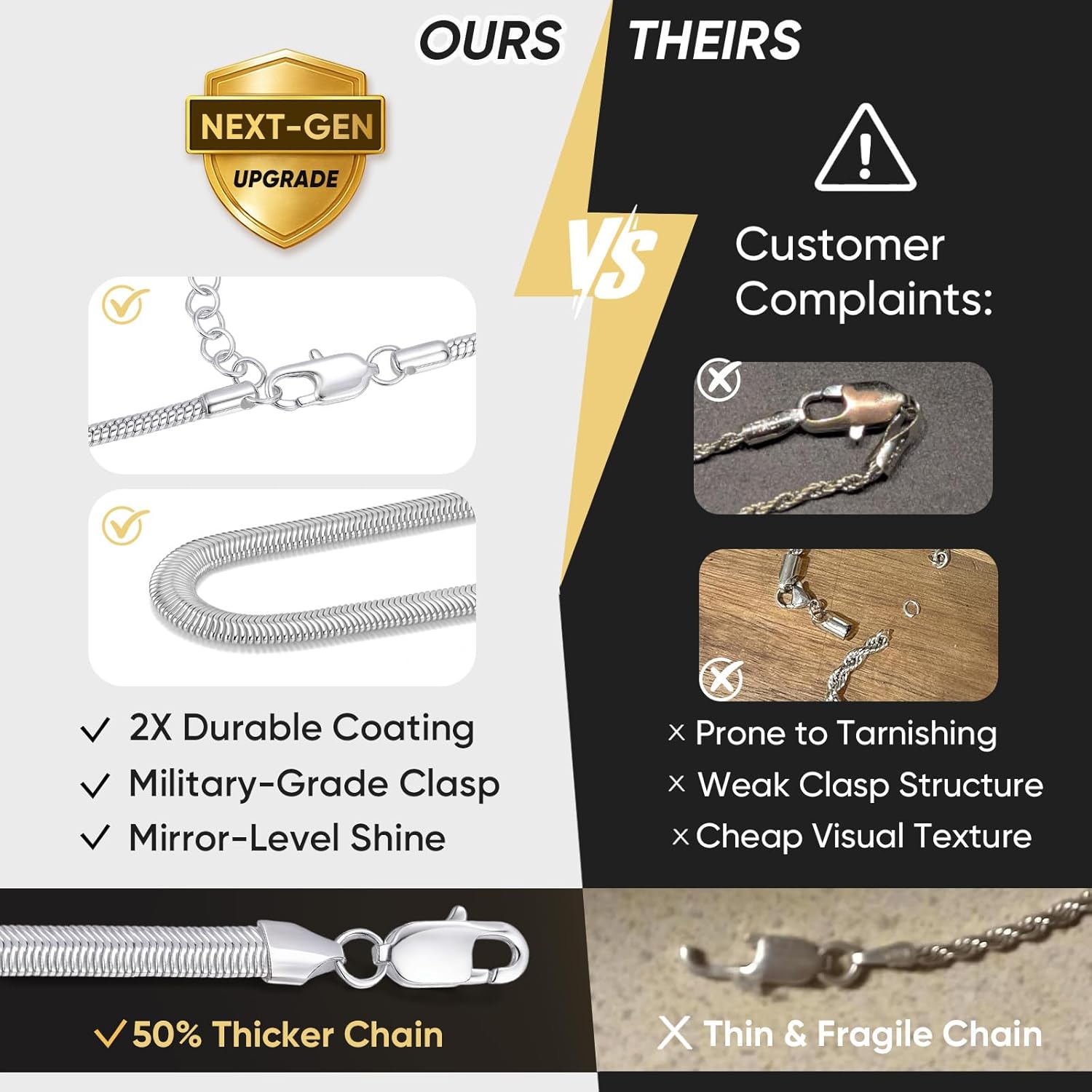 VNOX 2 Pcs Sterling Silver Plated Chain for Men Women Stainless Steel Snake Necklace Flat Herringbone Chains for Men Layering Choker Necklace Stack Jewelry Gift,16+2/18+2/20+2 Inch,Non Tarnish - Image 7