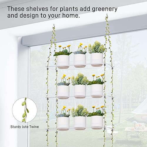 Miniatura 3 de Sumerflos Cajas de ventana de acrílico para plantas, estantes de 3 niveles, estante colgante transparente para interiores, cordel de yute ajustable,