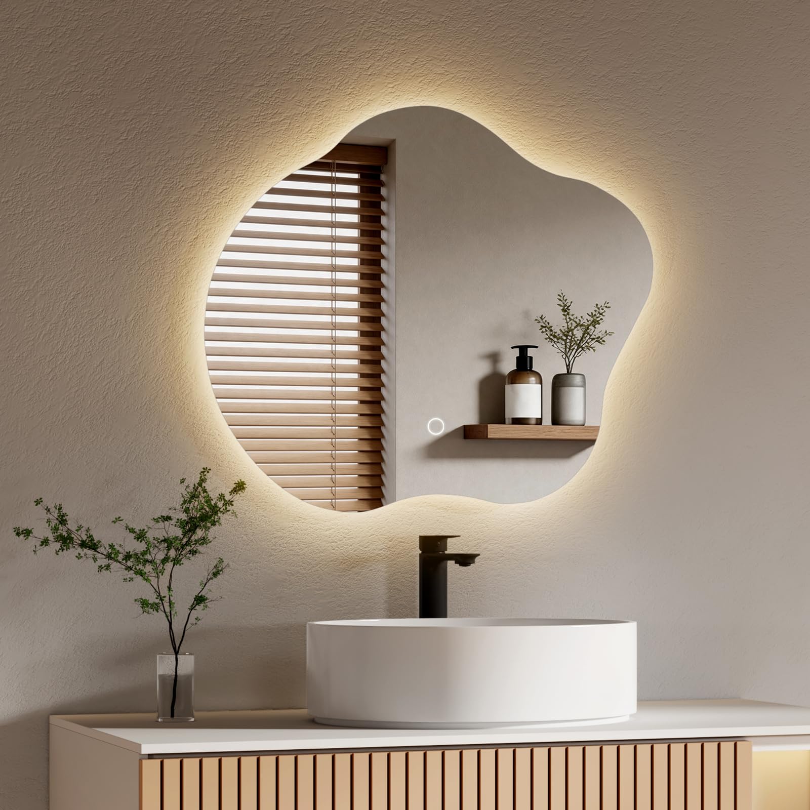 EMKE Badspiegel mit Beleuchtung Asymmetrisch 50 × 45 cm, LED Badezimmerspiegel mit Anti-Beschlag, 3 Lichtfarben & Dimmfunktion, Touch-Sensor, Wandspiegel für Bad, Flur, Schlafzimmer