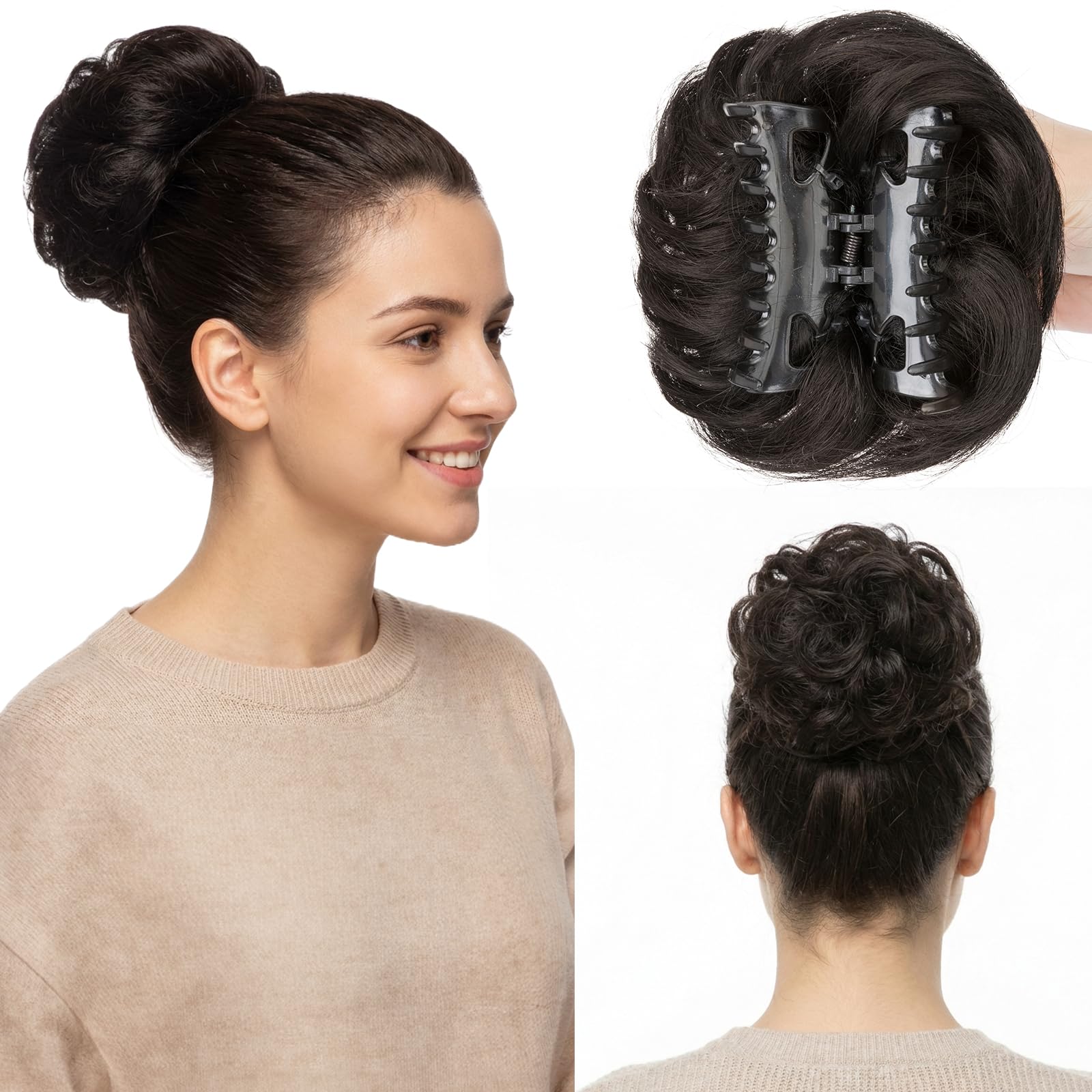 S-noilite Chignon Clip-in Capelli Umani con Ricci Naturali, Leggero e Voluminoso, Design a Clip Invisibile, Effetto Chignon da Salone per Ogni Giorno/Sposa/Festa, Nero Naturale #1B