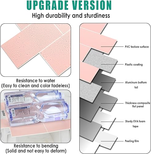 Miniatura 7 de 10 hojas de azulejos en muro con adhesivo enmarcado en azulejos de pared para cocina, baño, chimenea, caravanas y más (11.9 x 12.2 pulgadas, rosa