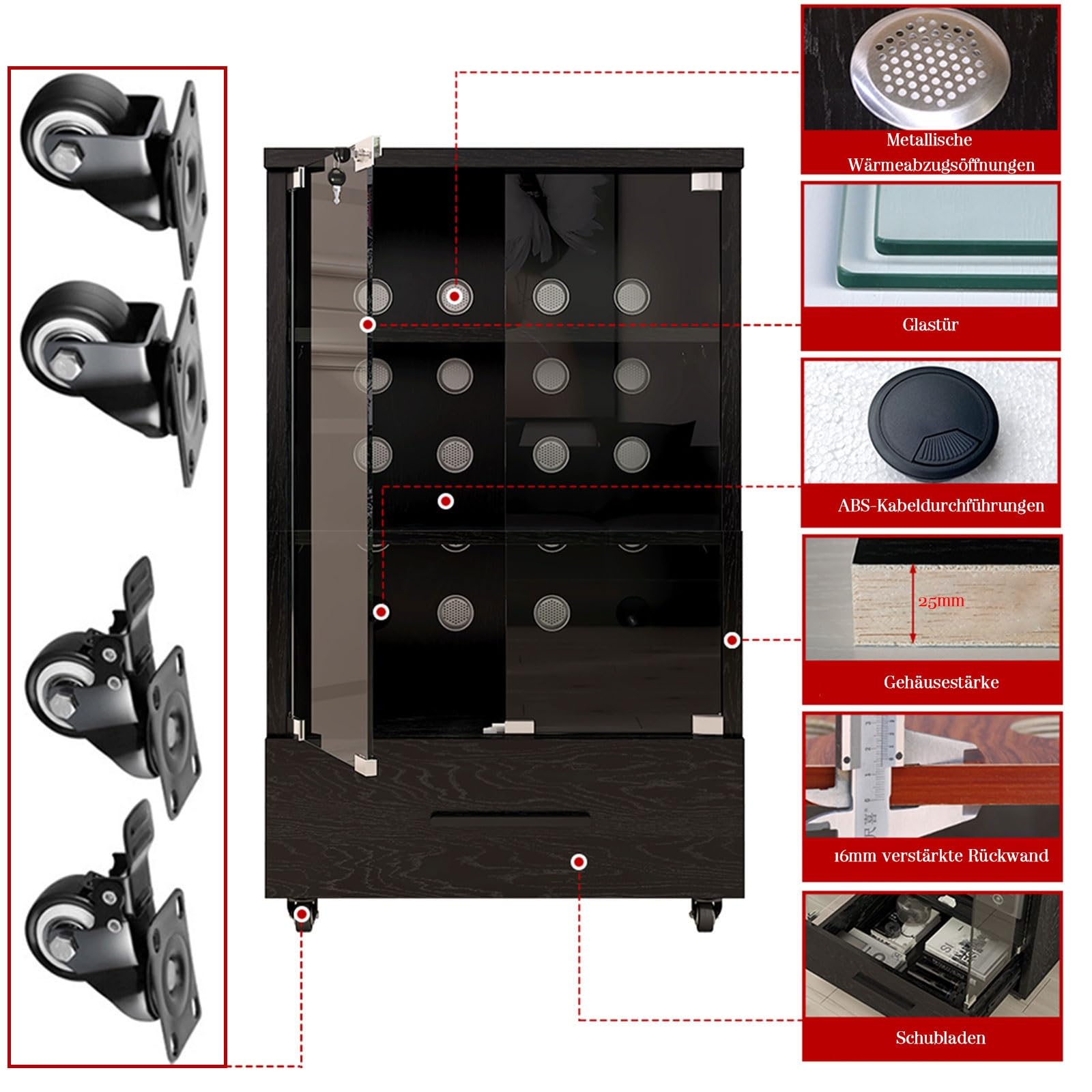 Support de console multimédia en bois massif avec porte en verre, support audio et vidéo sur roulettes, tiroirs de rangement pour salon, chambre à coucher, bureau – Armoire de lecteur de disques