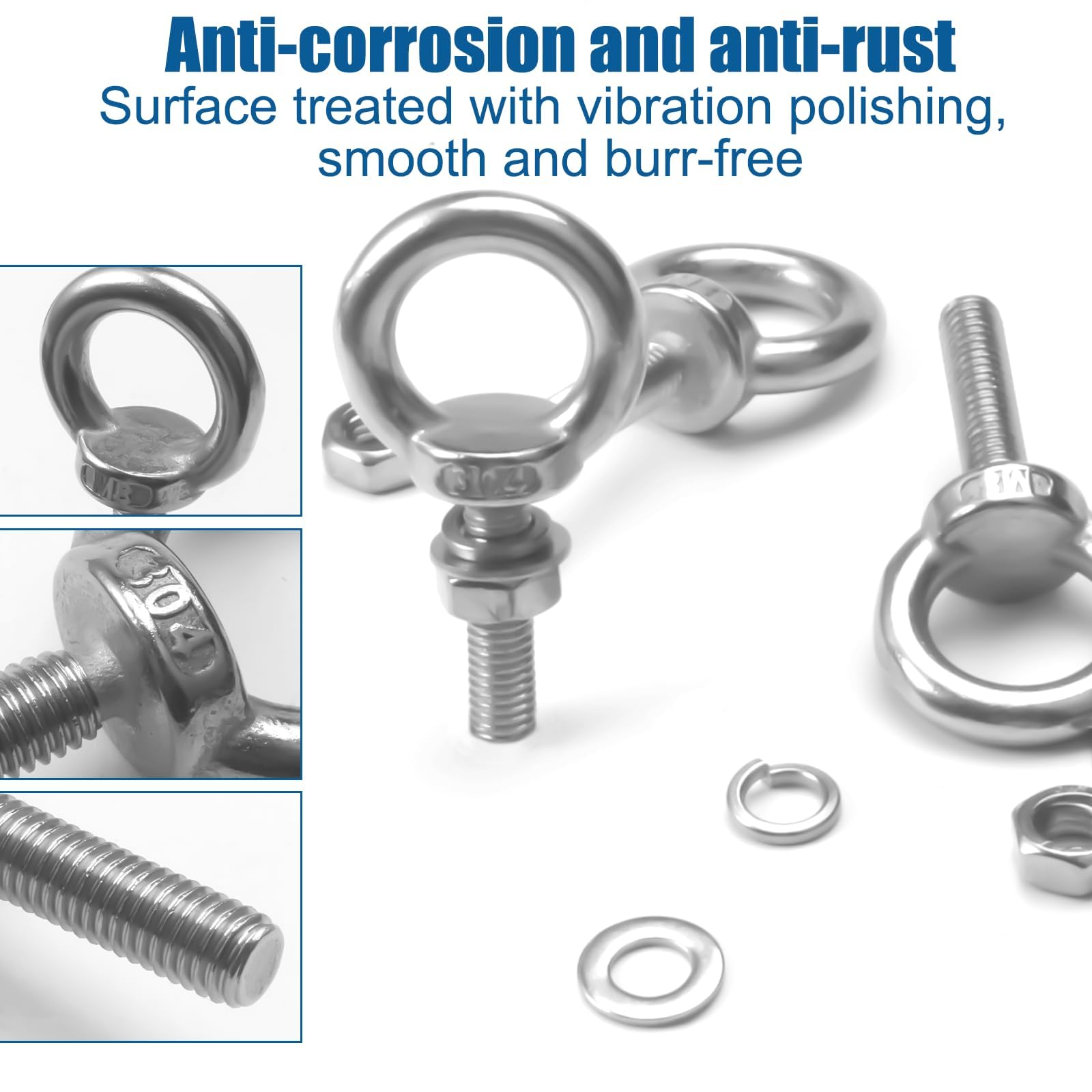 Jinsion Lifting Eye Bolt, 4 Pcs 304 Stainless Steel Eye Bolts with Nut Washer, M8 x 30mm Eyebolt Double - Image 3