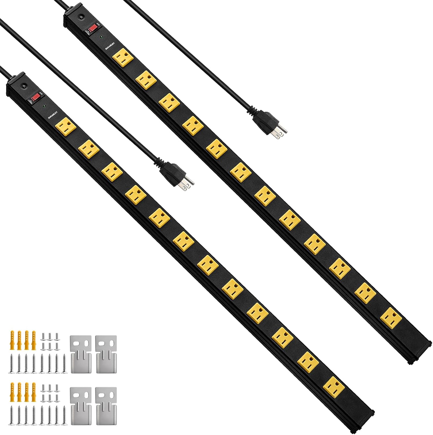SURAIELEC 2-Pack 12 Outlet Metal Power Strip with 1020J Surge Protection, Industrial Heavy Duty Power Strip, All-Metal Housing, 15ft 14AWG Cord, Straight Plug, Wall Mountable, for Workshop, Garage