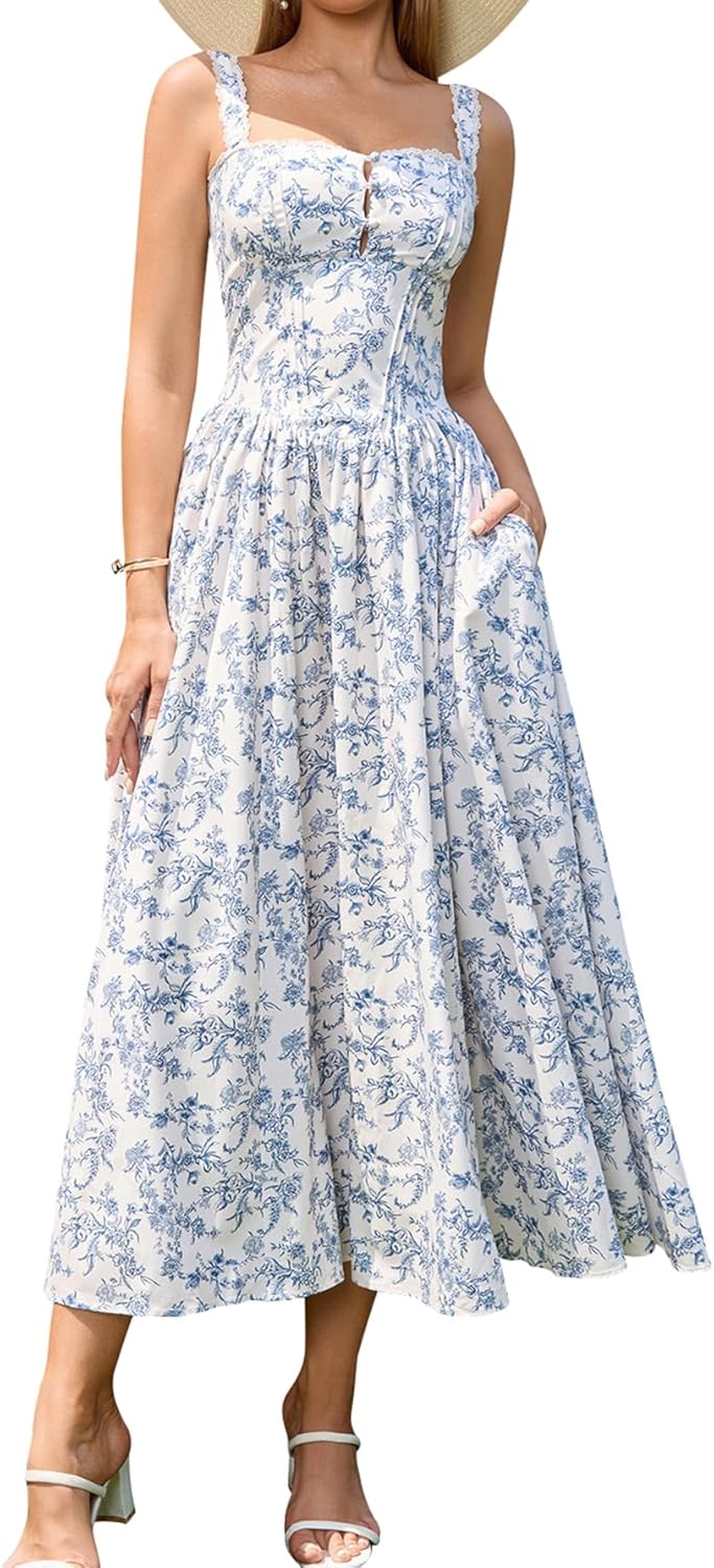 KUTUMAI Women Summer Lace Square Neck Midi Dress Corset Smocked Flowy A Line Beach Wedding Guest Dresses with Pockets