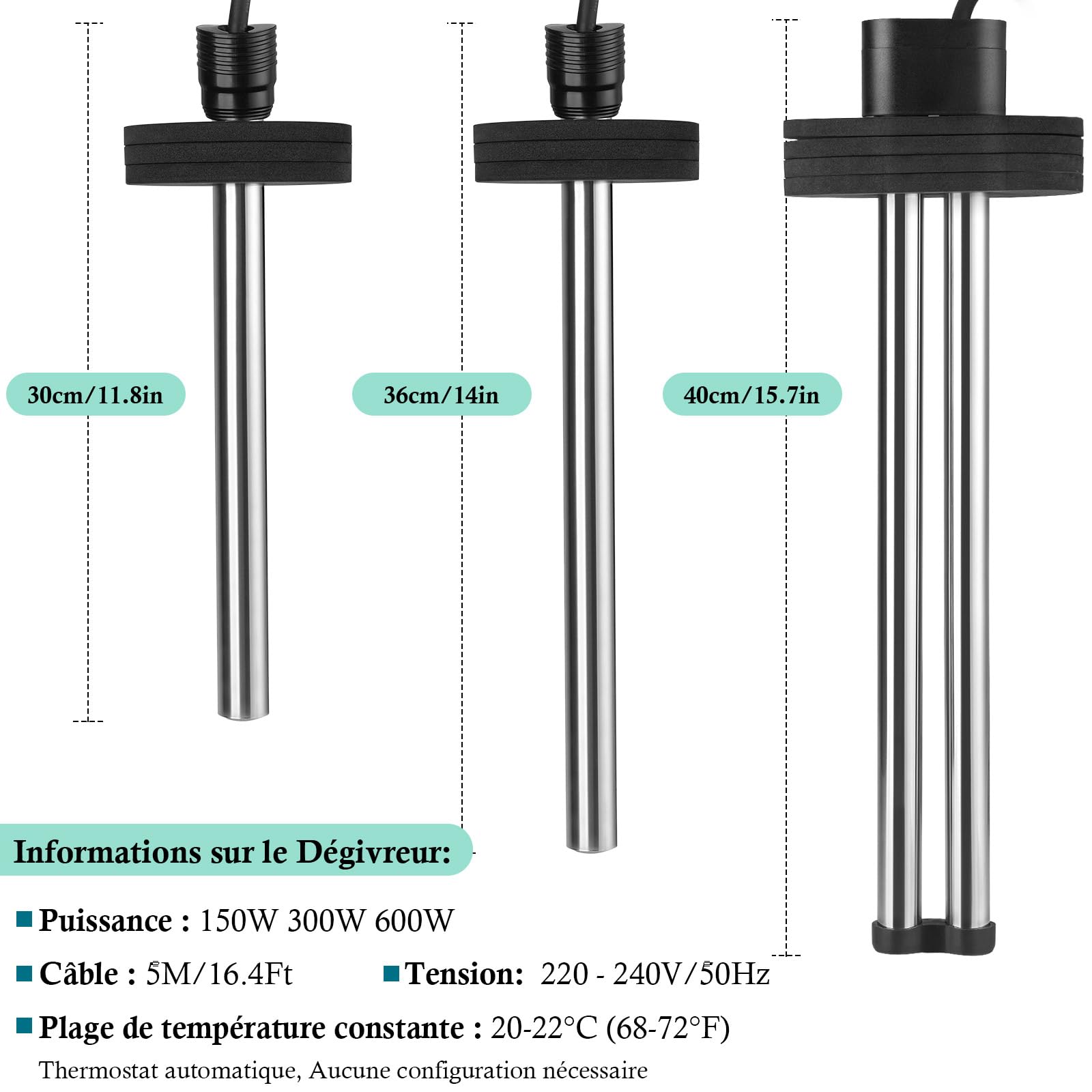 Chauffage de Bassin Extérieur 150W 300W 600W Chauffage d'Aquarium pour Petits Bassins, Kio Pond, Dégivreur de Bassin avec Long Câble et Mousse Flottante (600W)