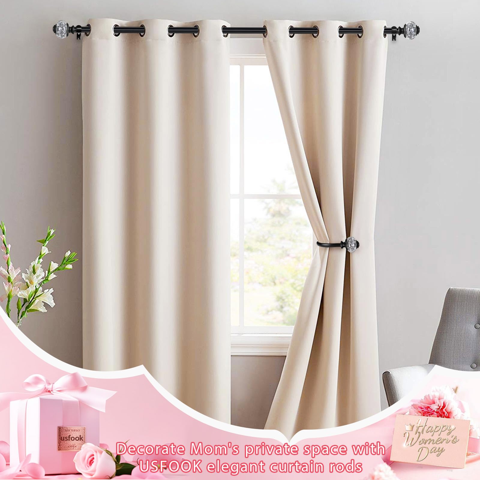 Photo 1 of 1 Inch Curtain Rods 72 to 144 Inches (6 to 12 ft) Telescoping Single Drapery Rod, USFOOK Black Curtain Rods for Windows 69 to 140 Inches, Decorative Translucent Finials