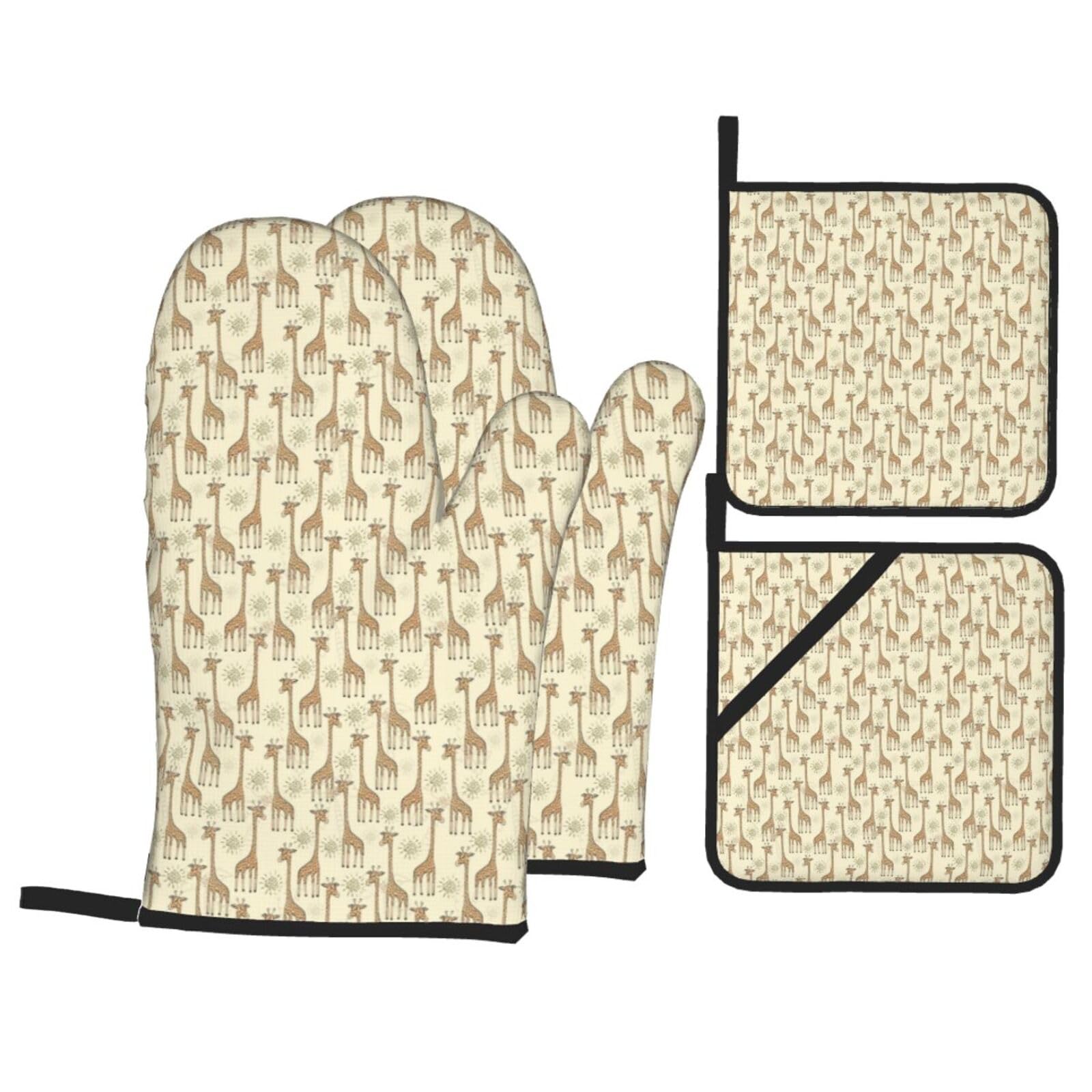 Nimongt Black Hand Drawn Giraffes Print Heat-Resistant 4-Piece Oven Kitchen Gloves For Baking Cooking Microwaving Essentials