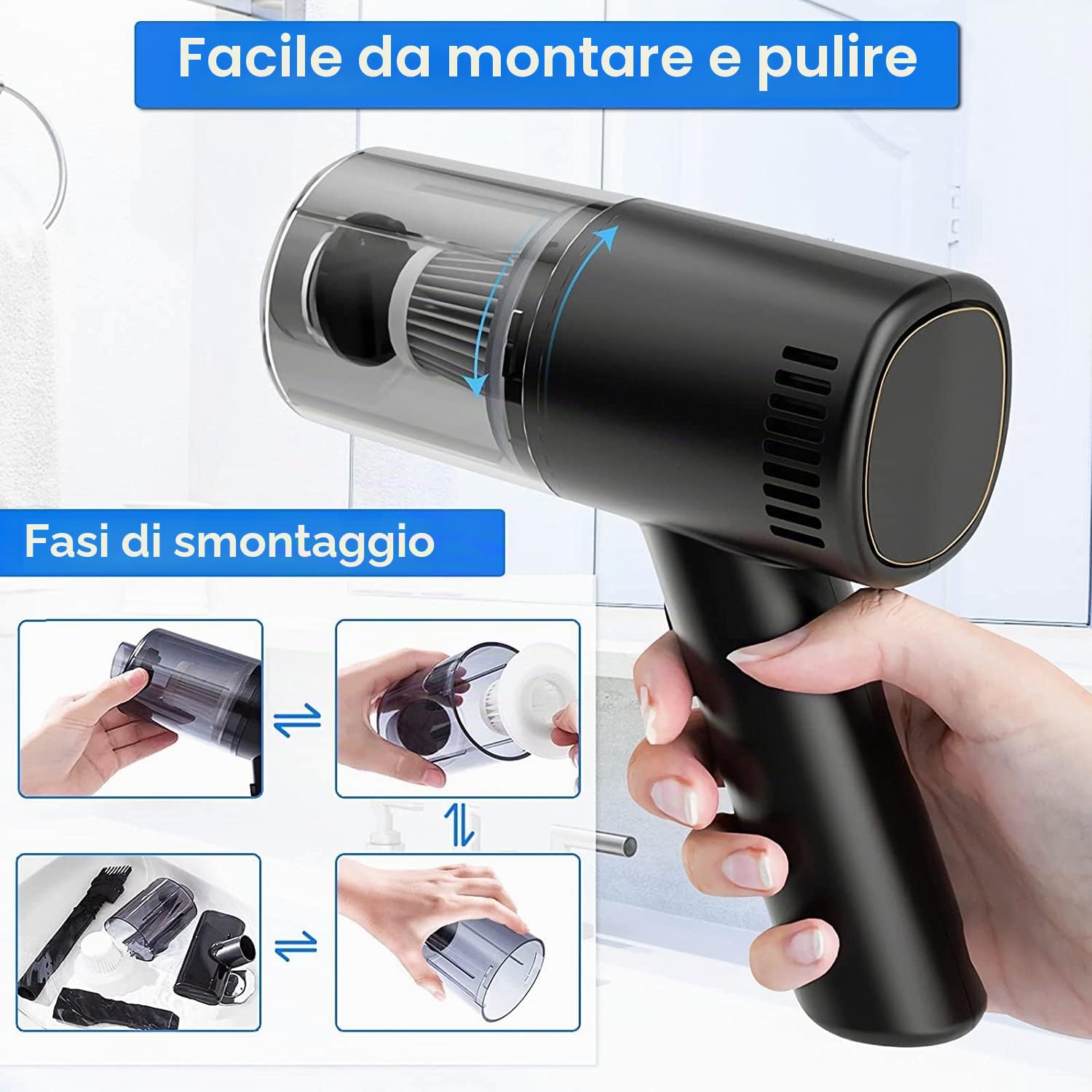 Aspirabriciole Senza Fili, 9000Pa Ricaricabile Portatile Leggero Mini Aspirapolvere, USB Auto Aspirapolvere Alta Potenza Aspirazione, Pulizia per Capelli, Auto, Casa, Ufficio, Cucina
