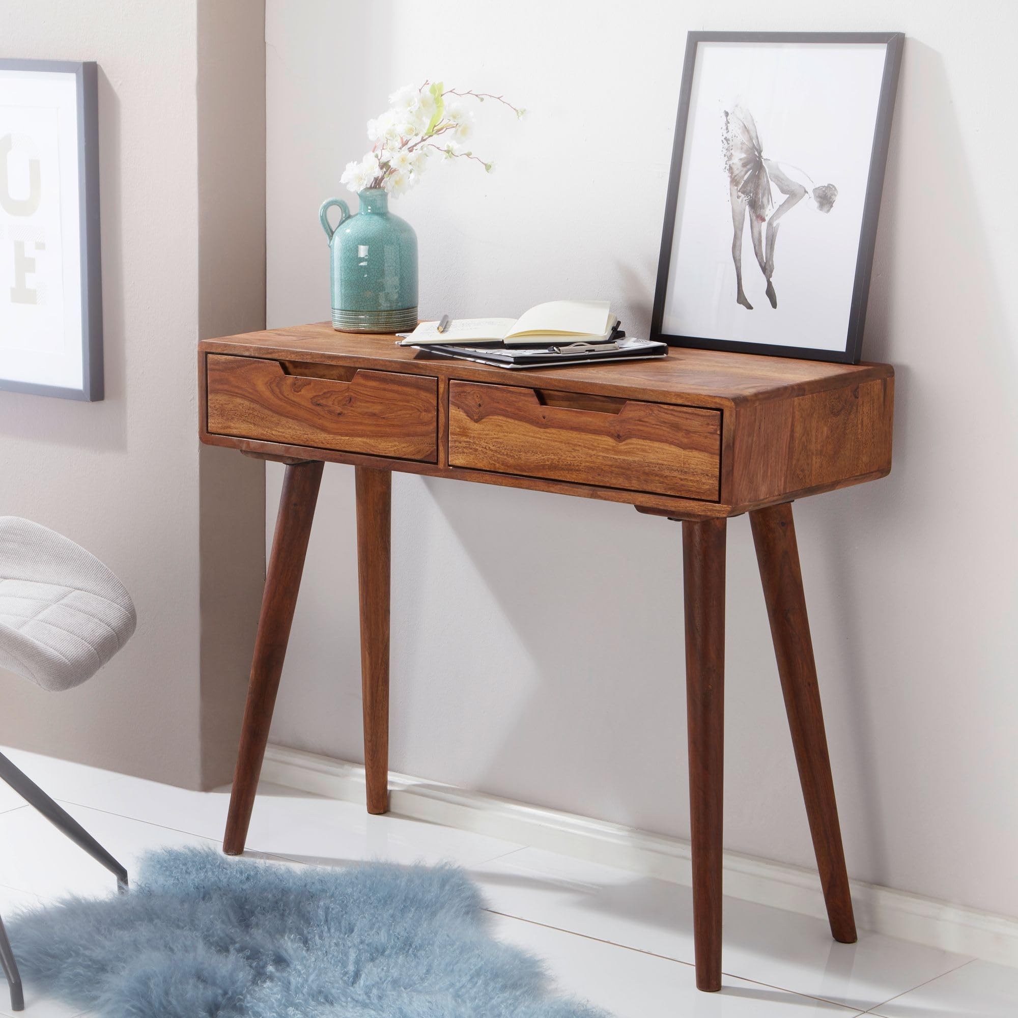 WOHNLING Consolle 90x36x76 cm Legno Massello di Sheesham, Cassetti