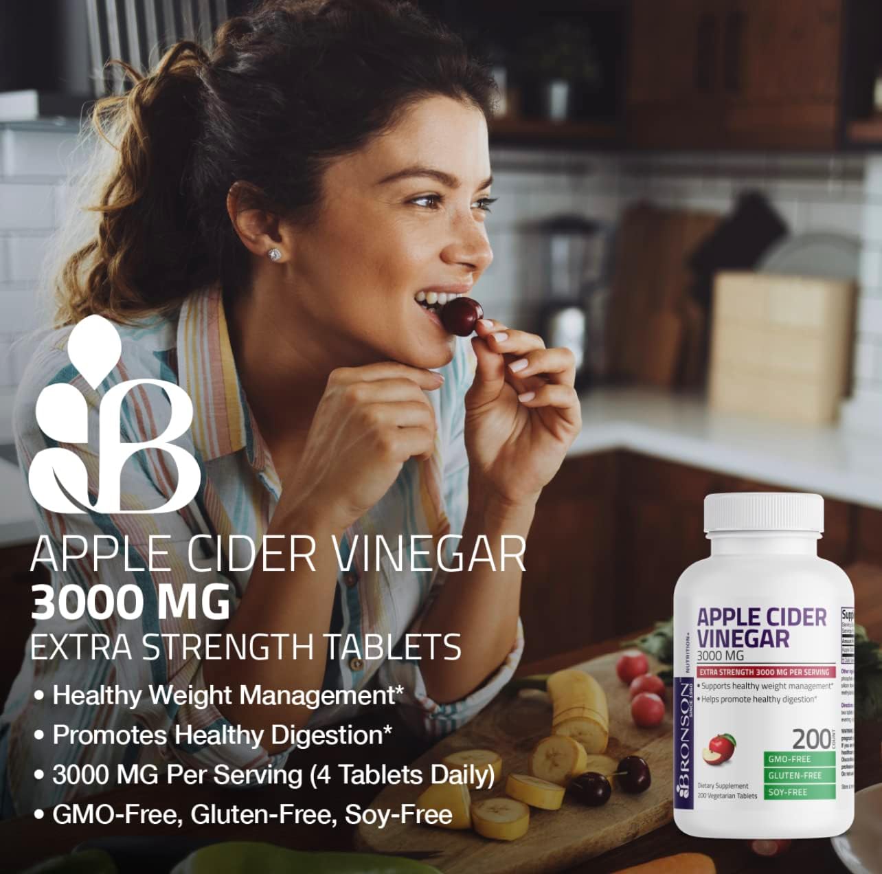 Bronson Apple Cider Vinegar 3000 MG per Serving Extra Strength - Non-GMO, 200 Vegetarian Tablets - Image 4
