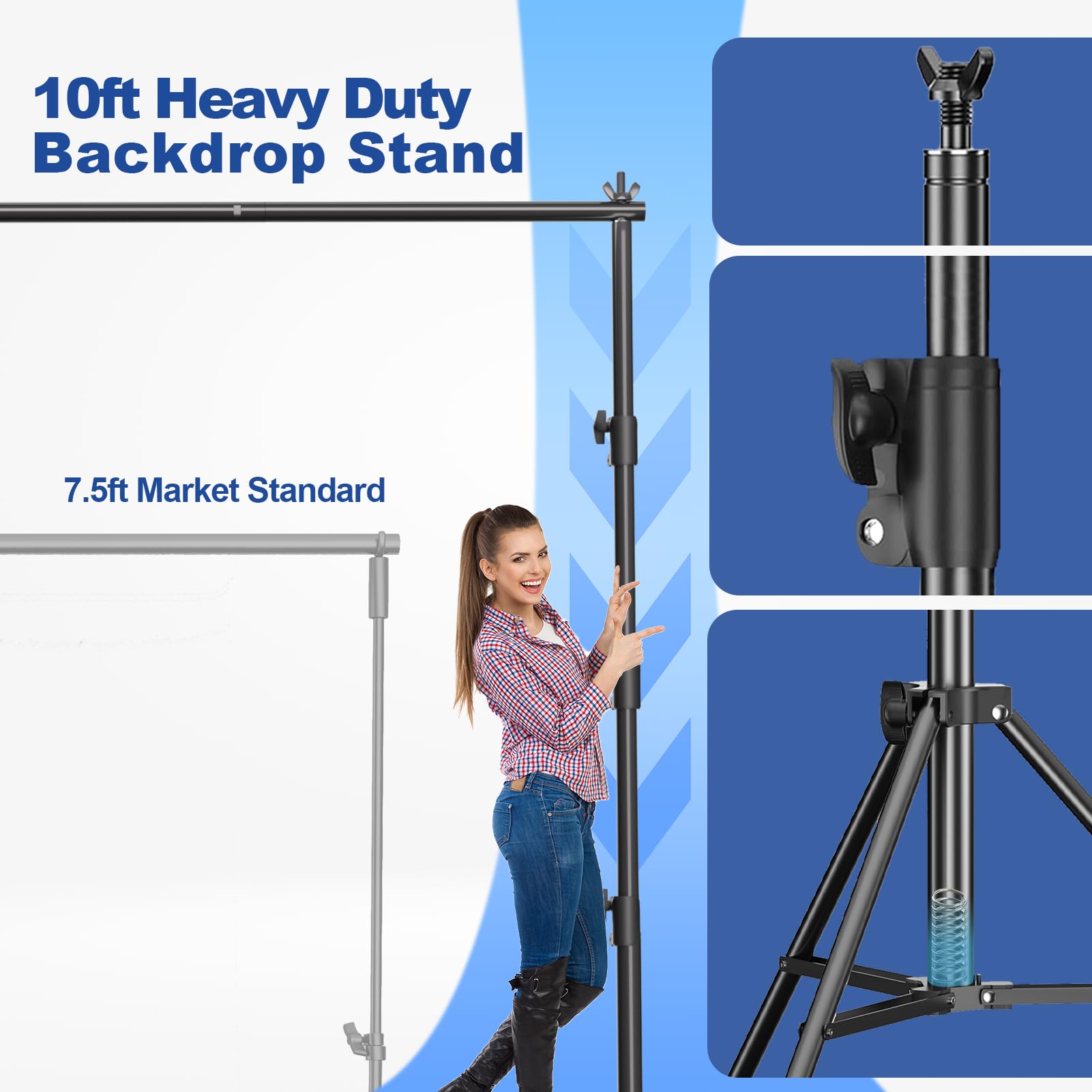 Photo Backdrop Stand, 10 x 10ft Heavy Duty Backdrop Stand, Adjustable Background Stand Support Kit with Shock-Proof Spring, Carrying Bag, Clamps for Photography, Parties, Wedding, Decoration