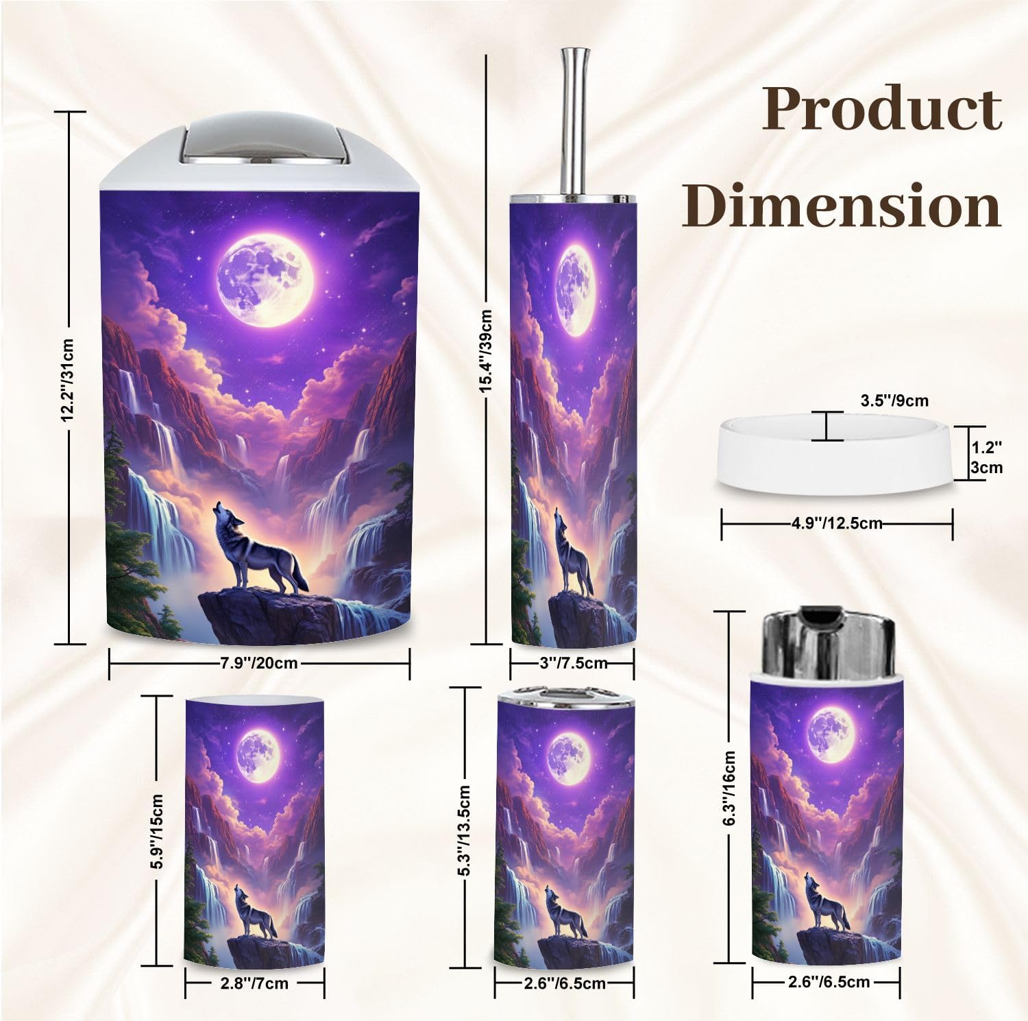 Bathroom Accessory Set 6 Piece Waterfall Wildlife Howling Purple Animals Wolves Wolf Full Moon Trash can, Toothbrush Holder, Soap Dispenser, Soap Dish, Toothbrush Cup, Toilet Brush Holder