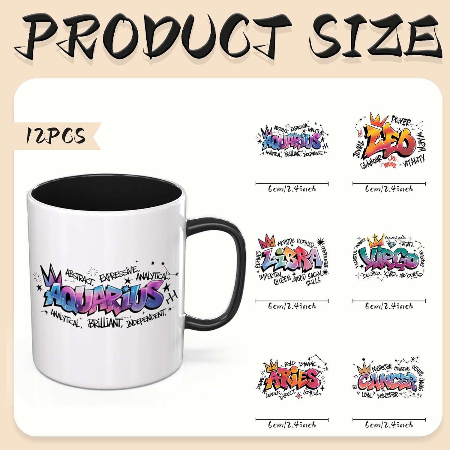 12PCS Text Zodiac UV DTF Cup Wrap UV DTF Transfer Paper Suitable for Mugs, Glasses, Notebooks, Computers, Tables and Chairs, etc. for DIY Creativity, High Viscosity UV DTF Cup Wrap