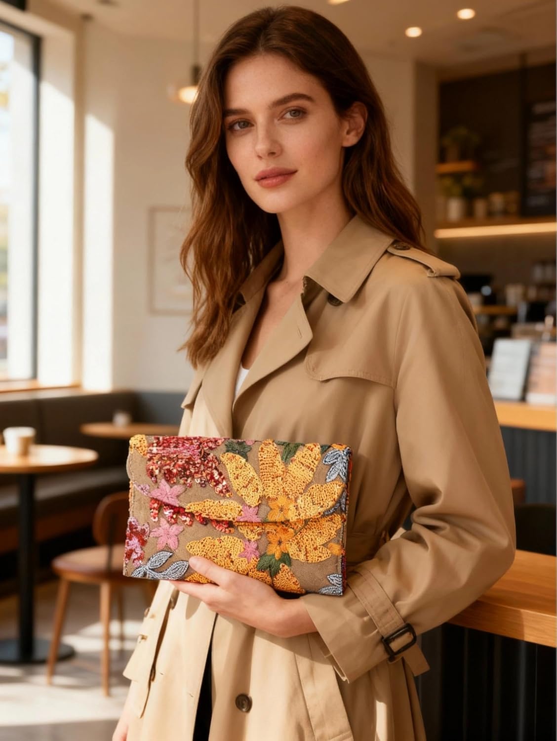 Envelope Package, Clutch Purses for Women, Sequin Embroidered Flowers Straw Bag, Bohemian Handmade Handbags, Beach Bag for Vacation, Travel, Banquet (Orange Flower) - Image 9