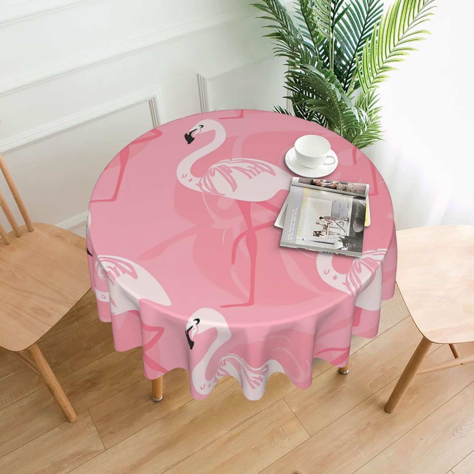 Summer Flamingo Palm Leaves Print Round Washable Tablecloth – Table Cover