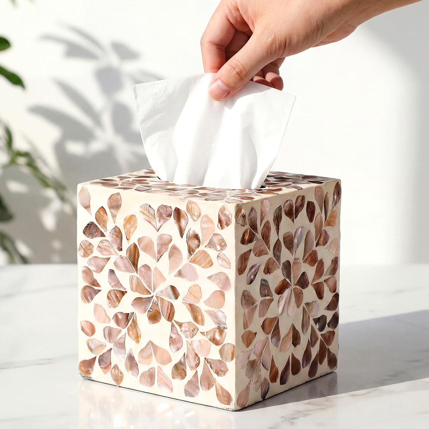 5.9 Inch Cube Mother of Pearl Tissue Box Cover Ceramic Decorative Tissue Box Holder, Square Napkin Holder Rustic Napkin Dispenser Organizer for Table Bathroom Office(Ivory Teal Floral)