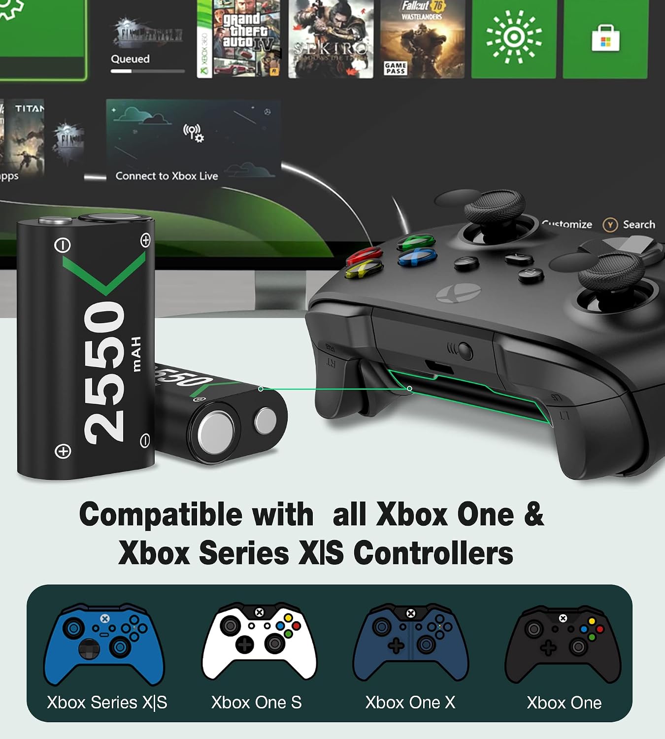 Rechargeable Battery Pack with Xbox Charger Station for Xbox Series X|S/Xbox One, with 3x2550 mAh Xbox Rechargeable Battery Pack Work for Xbox Series X|S/Xbox One/Xbox One S/Xbox One X/Xbox One Elite
