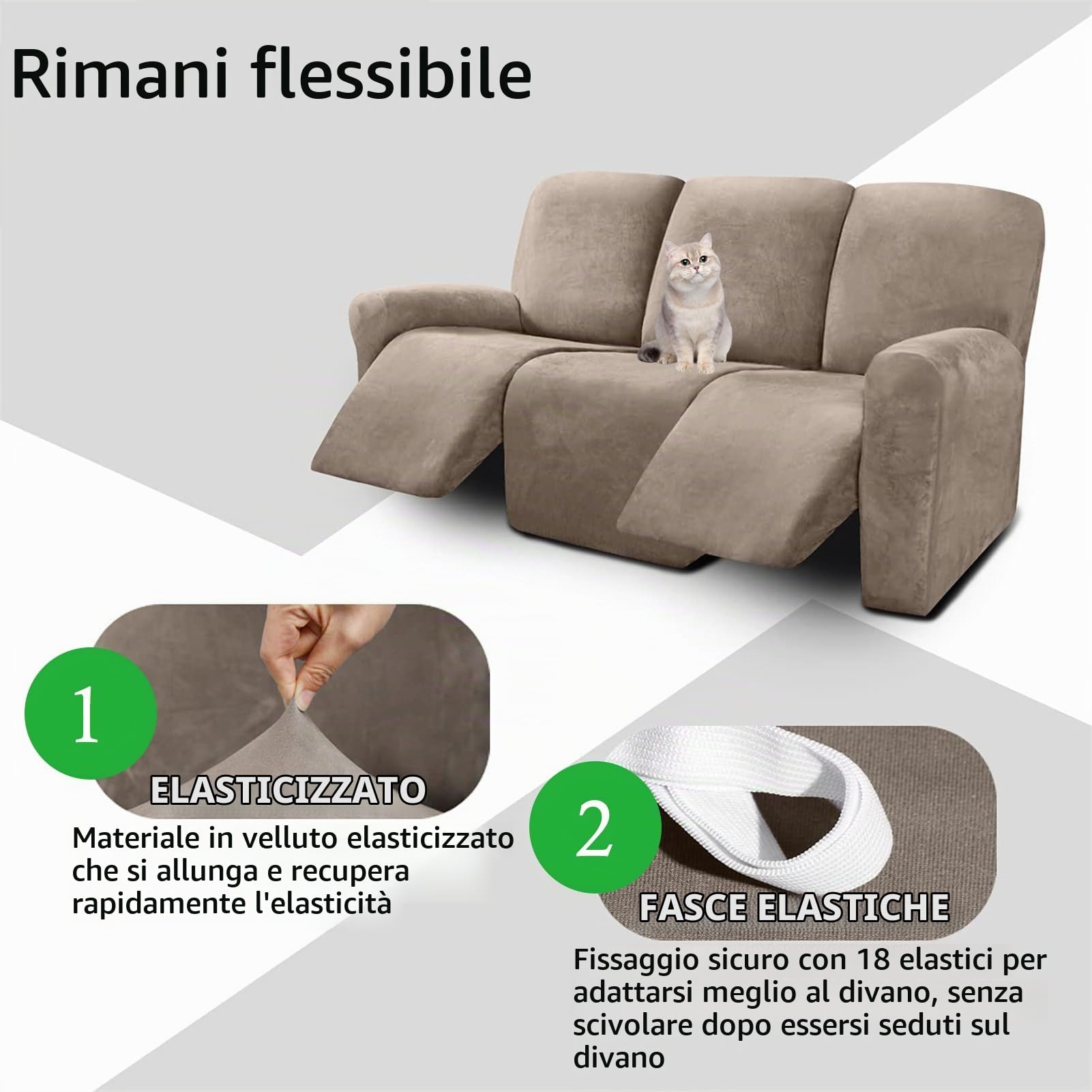Copridivano 3 posti Copridivano Reclinabile 8 Pezzi in Elasticizzato Componibile Divano Fodera per Protezione per Mobili Reclinabili 3 Fodere per Divano Copridivano Peluche(Tauqe)
