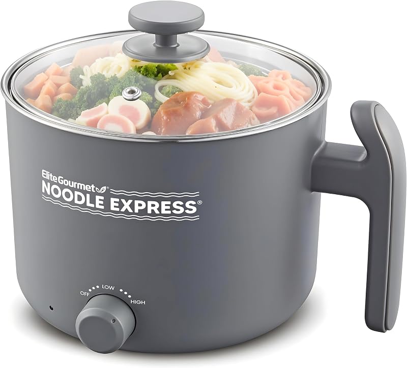 Noodle Express Electric Hot Pot, Stainless Steel, Grey | Prepares ramen, rice, soups & stews, boils water fast - glass lid - High/Low/Off settings