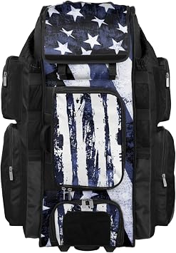 Boombah Superpack XL Rolling Bat Bag - 35.5" x 13.5" x 10" - Telescopic Handle - Holds 8 Bats - Wheeled Version - USA Stars & Stripes Black Ops Black/White