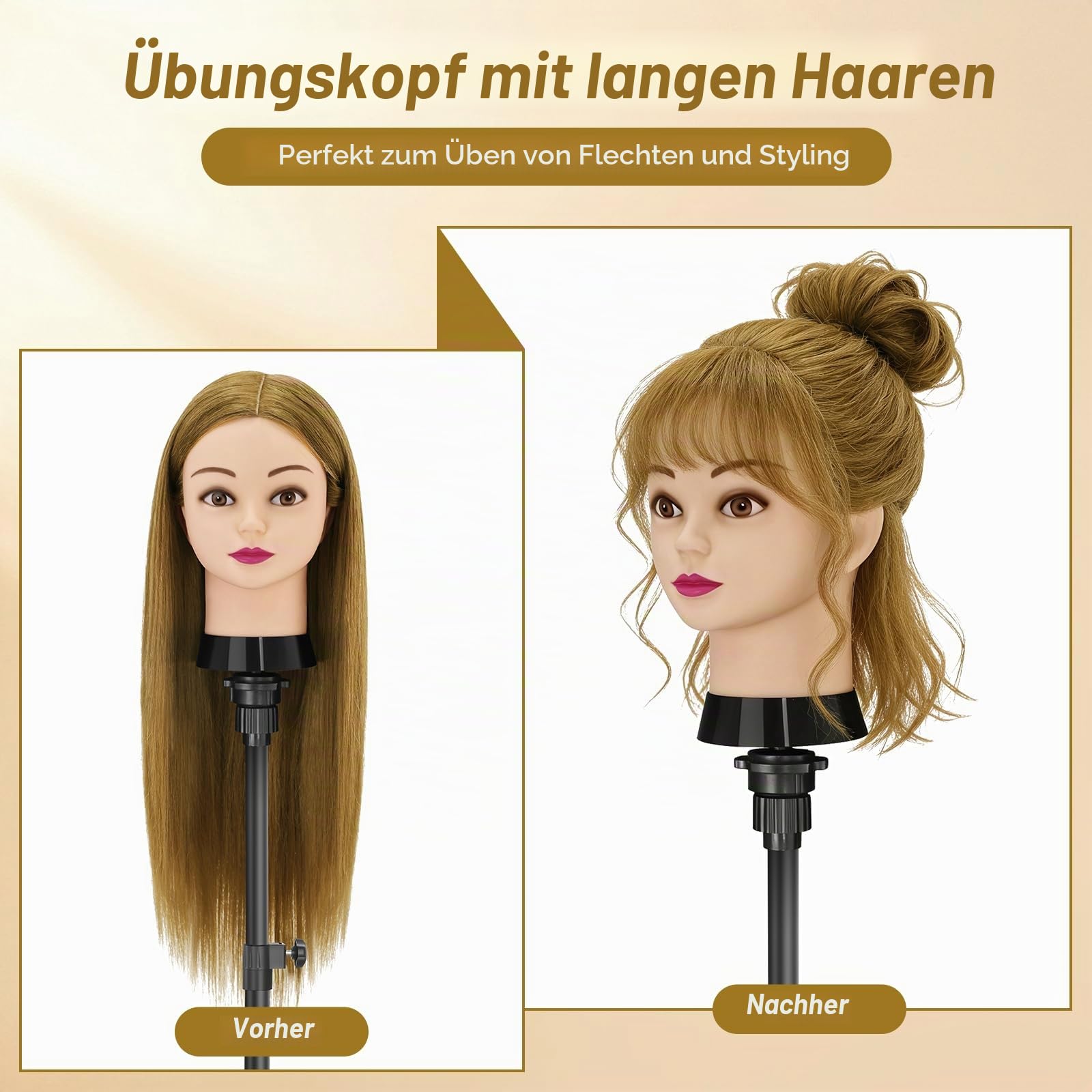 Frisierkopf,80% Puppenkopf Echthaar Blonden Haare,24 Zoll Puppe Übungskopf zum Frisieren,Trainingskopf Friseur Frisuren Puppe mit Tischklemme & Flechtset,Styling Mannequin Kopf für Friseur