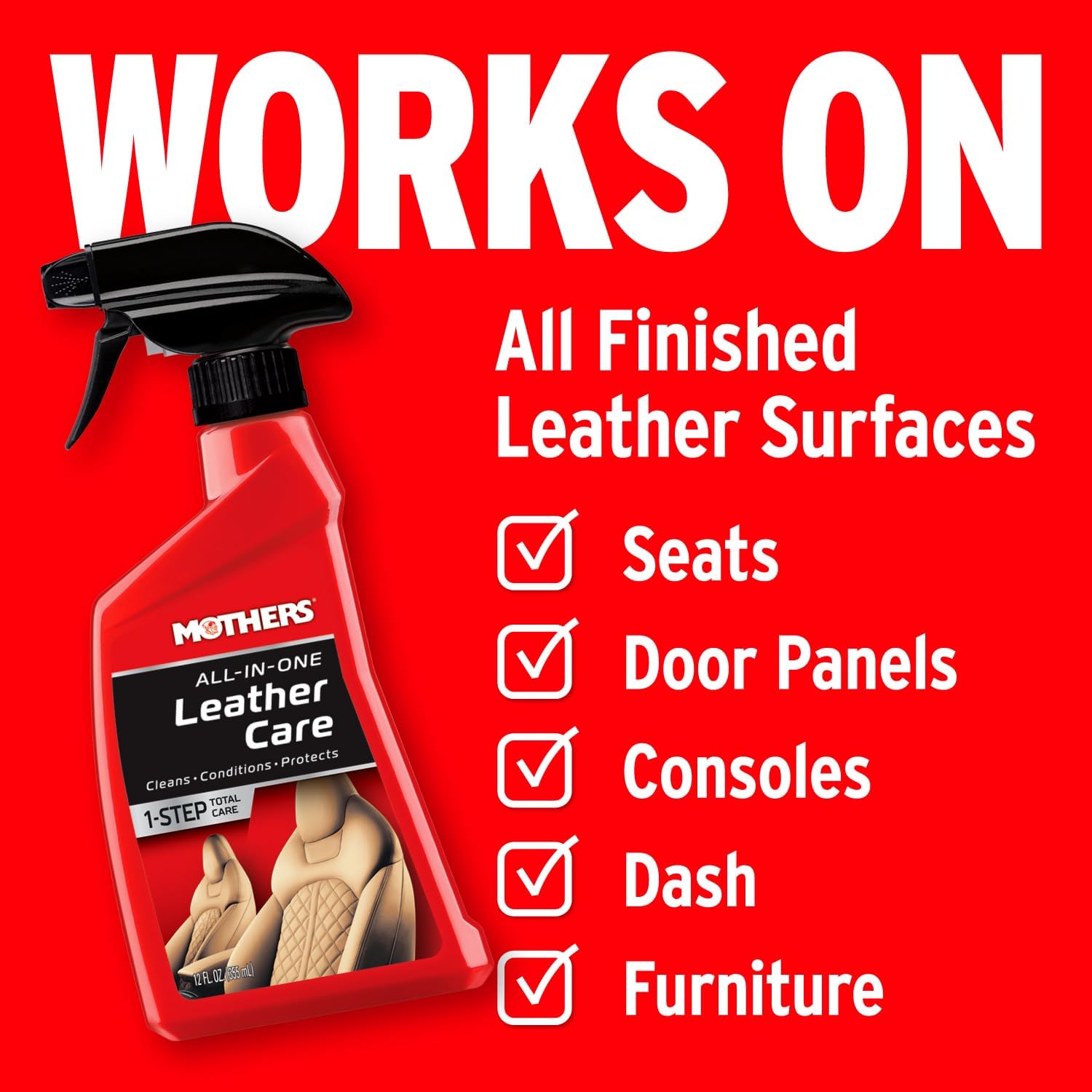 Mothers All-In-One Leather Care, 12 oz. — pH Balanced Formula Safely Deep Cleans, Conditions & Protects Leather with Aloe, Neatsfoot Oil & Lanolin to Restore Natural Oils Lost to Heat & Sun (06512)