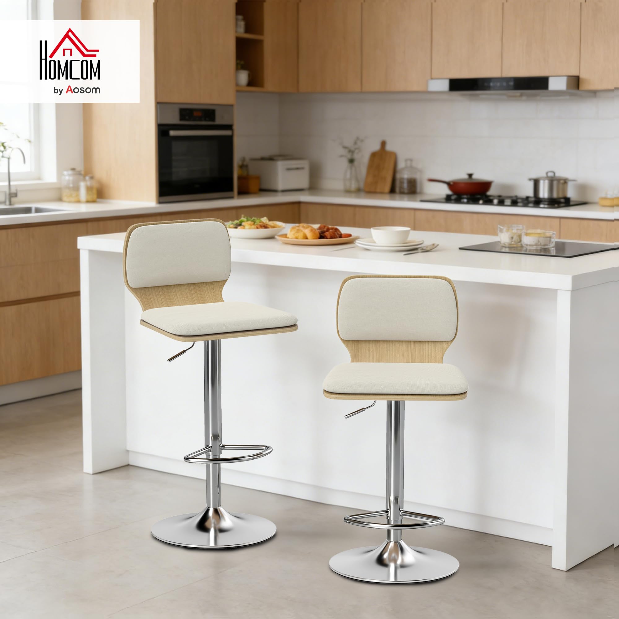 HOMCOM Juego de 2 Taburetes Altos de Cocina Giratorios en 360°, Taburetes de Bar Regulables en Altura de 81-102 cm, Tapizados en Lino, Reposapiés, para Comedor, Mostrador, Beige