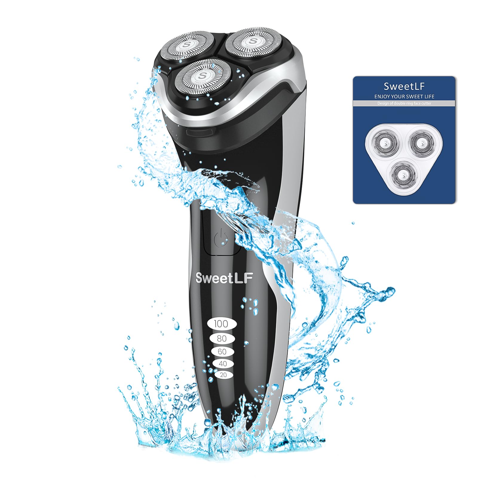 SweetLF Maquina de Afeitar Hombre (Mas 3 uds. Cuchillas de Respuesto + 1 Cargador Español), Afeitadora Electrica Barba con Pantalla LED, IPX7 Resistente al agua, Recortador de Precisión, SWS7105