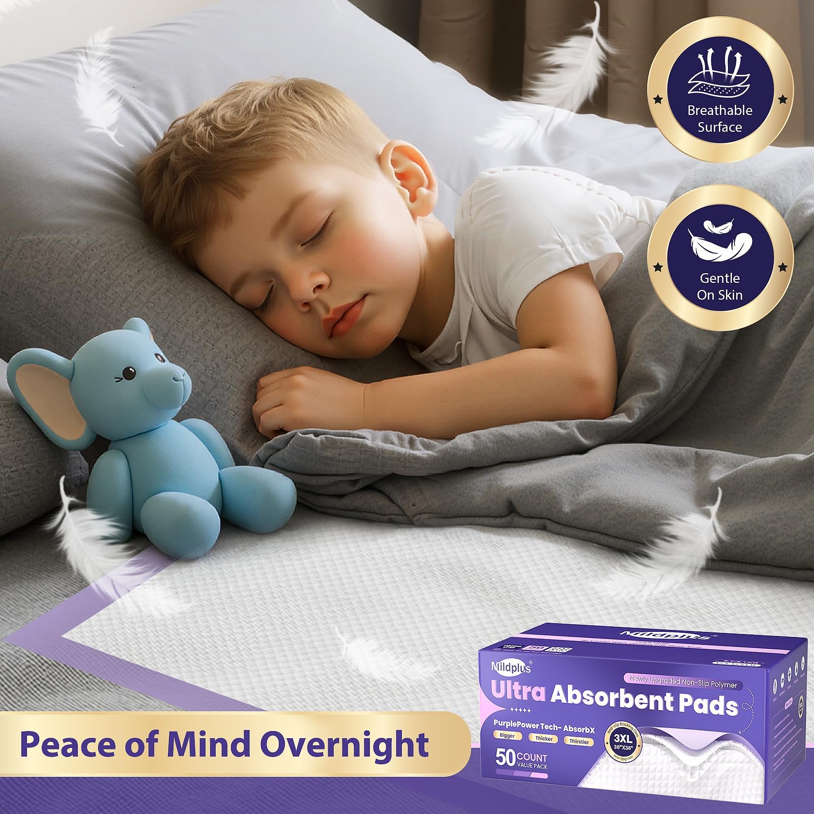 MILDPLUS Sottoassorbenti usa e getta resistenti, 76 x 91 cm (50 pezzi) | 110 g super assorbenti | viola a prova di perdite per la cura dell'incontinenza di adulti, anziani, bambini e animali domestici