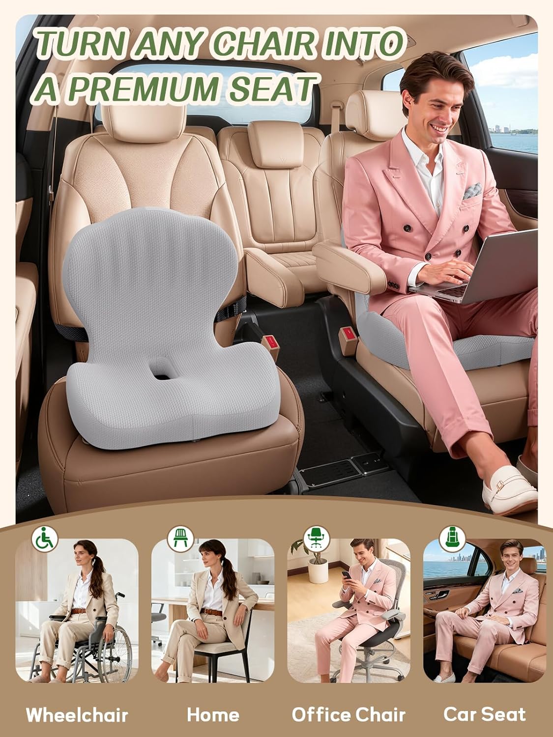 Benazcap Memory Foam Seat Cushion with Lumbar Support Pillow for Office Chair, Car & Gaming Seat, Wheelchair, Ergonomic Design for Sciatica & Tailbone Pressure Relief, Gray