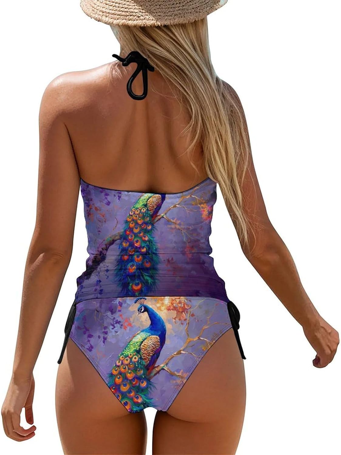 A Beautiful Peacock Painting Women's Tankini Swimsuit Two Piece Tummy Control Bathing Suits Tie String Swimwear