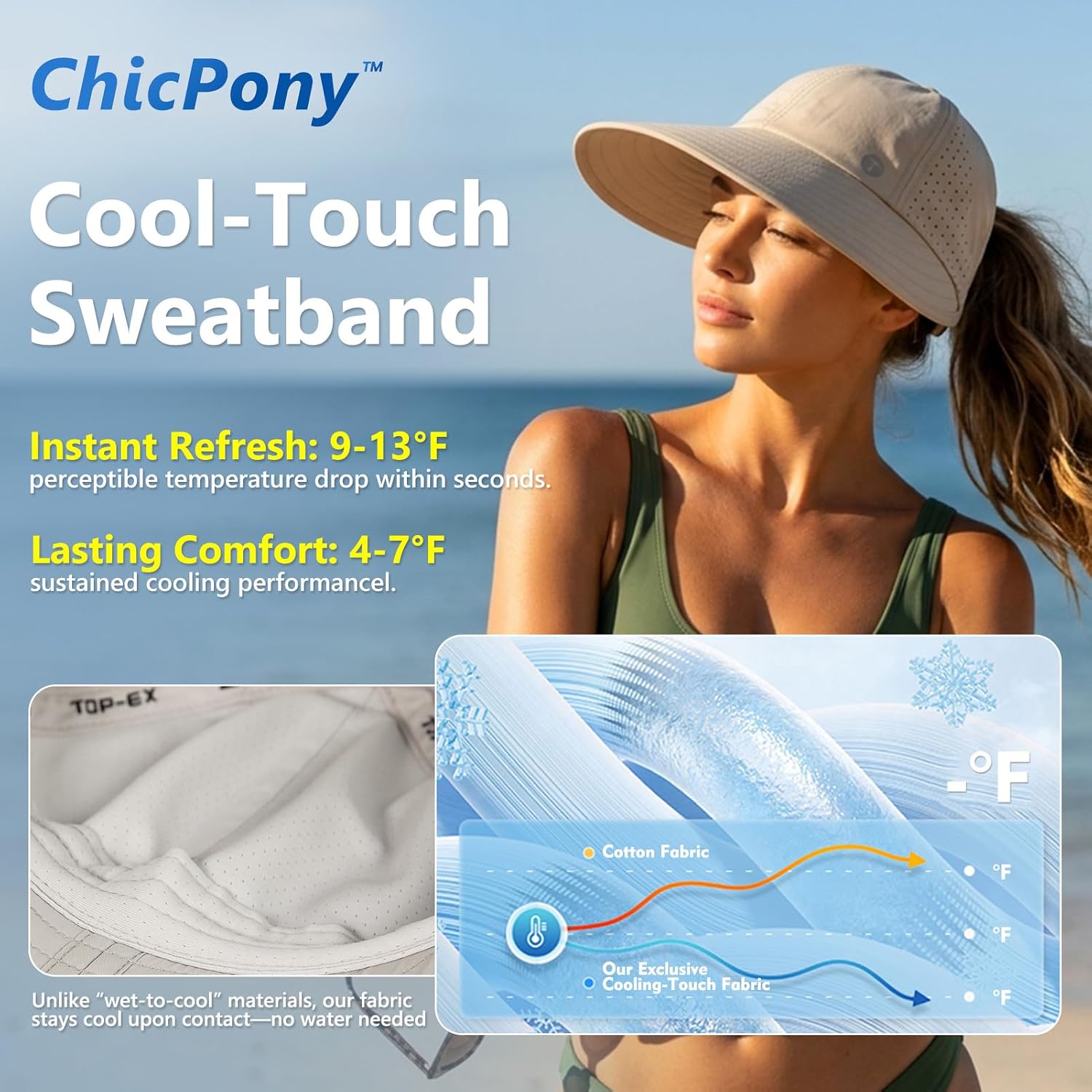 ChicPony™ Cooling Wide Brim Sun Hat Ponytail Hole Baseball Cap for Women
