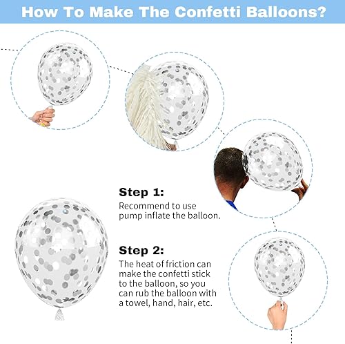 Miniatura 7 de Jobkoo Globos Azules y Blancos, 60 Pzs Globos de Látex Pastel Azul Bebé Plateado de 12 Pulgadas con Globos de Confeti Metálico Globos de Graduación