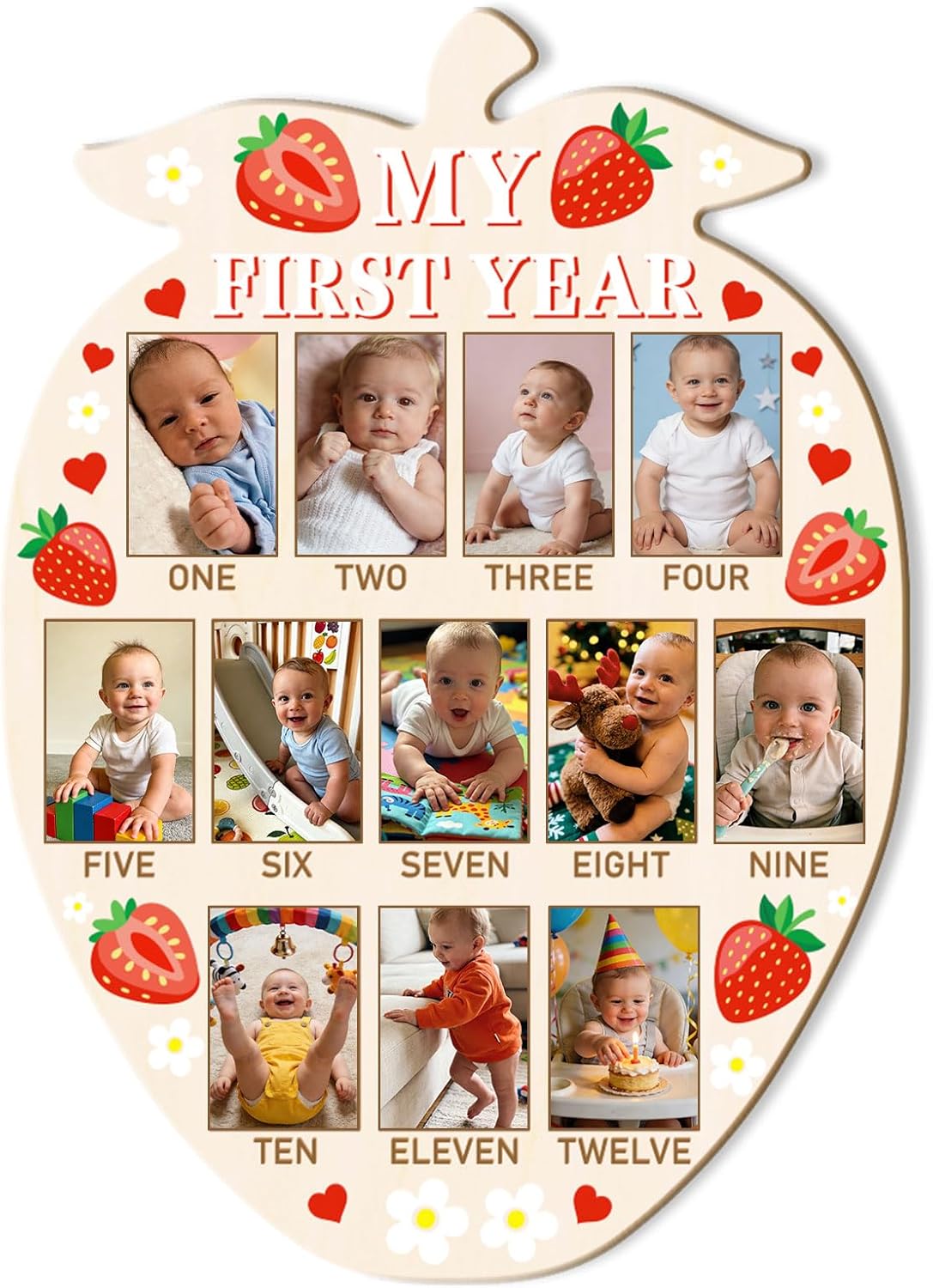 ORIGACH Strawberry Shape My First Year Baby Growth Photo Display Board, 12 Months Newborn Milestones Wood Keepsake Board for 1st Birthday & Nursery Decor, Strawberry & Flower Pattern