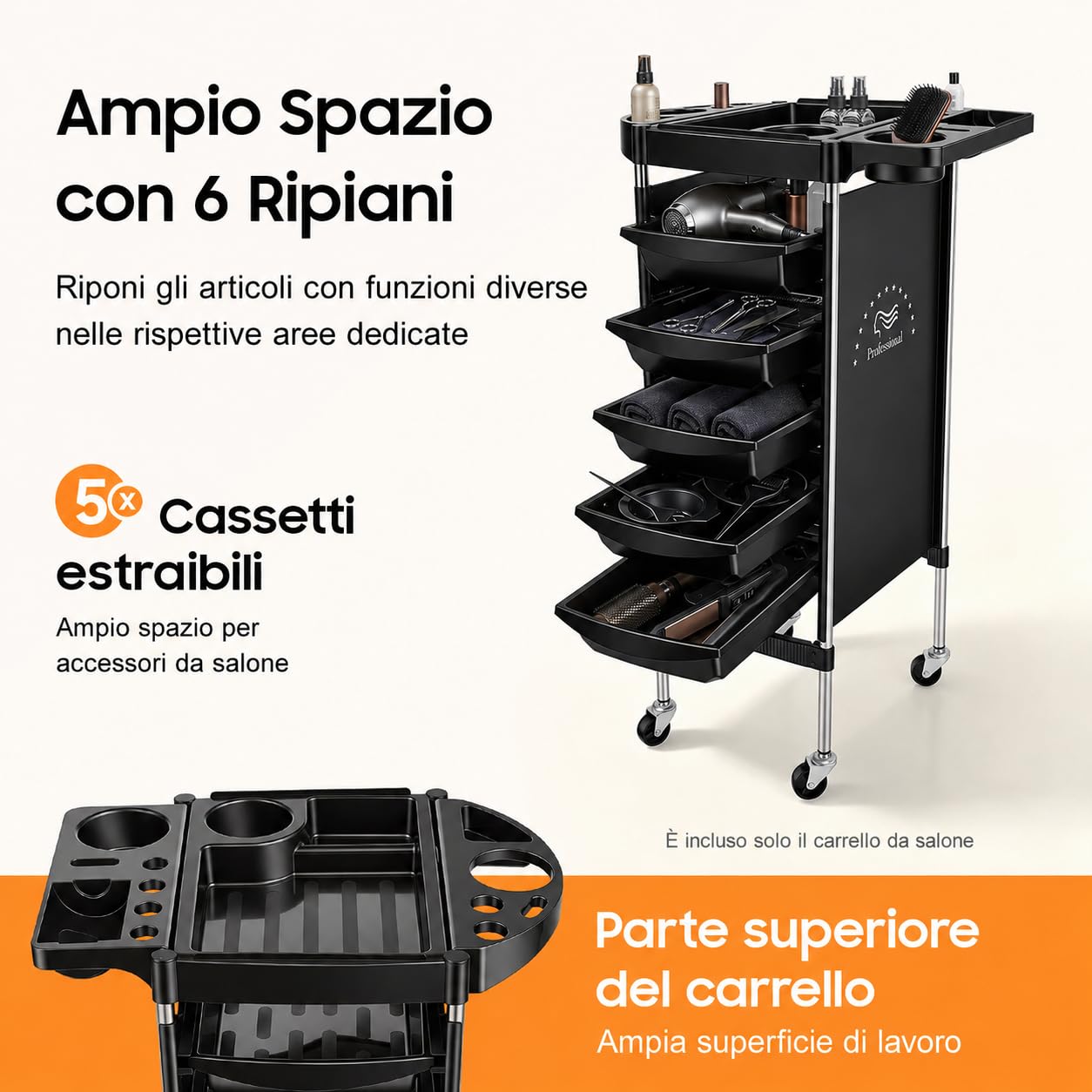 Carrello da Parrucchiere con Ruote, 36 x 85,5 cm, 5 Cassetti, Rettangolare, 6-Etagen Carrello Estetista con Aperture Multiple per Parrucchieri, Gioielli, Cosmetici, Salone di Bellezza, SPA