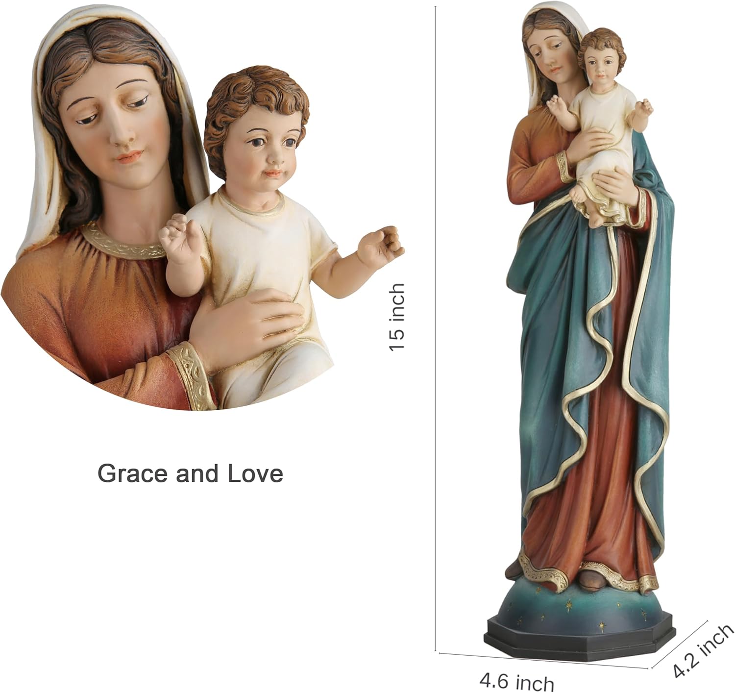 BC Catholic Madonna and Infant Jesus Statue,15" H Virgin Mary Holy Mother Indoor Inspirational Home Décor, Religious Gift for Mother's Day, Renaissance Sculpture Handmade by Buildclassic - Image 2