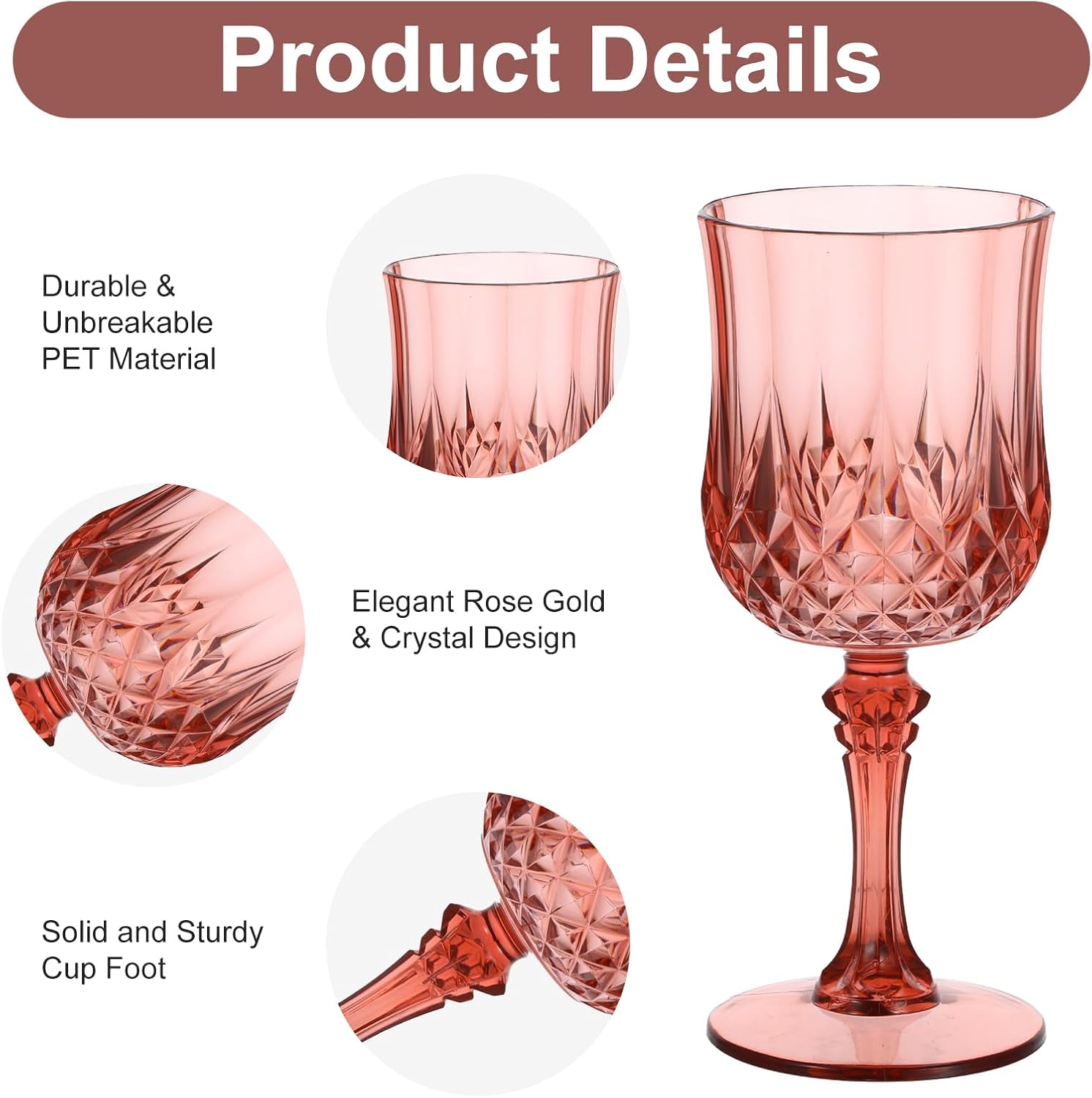 24 Pcs 7oz Rose Gold Plastic Wine Glasses - Unbreakable Vintage Champagne Flutes - Reusable PET Goblets for Wedding, Party, Event - Image 3