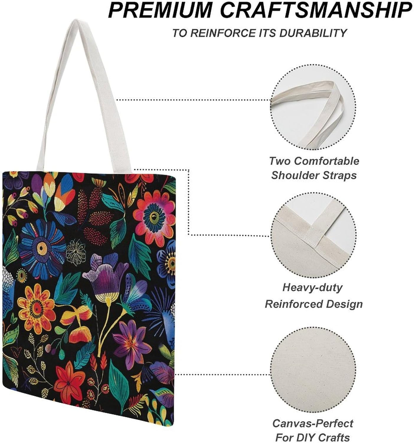 Brightly Colored Flowers Canvas Tote Bag Reusable Grocery Bags Foldable Soft Cotton Shoulder Carry Bag