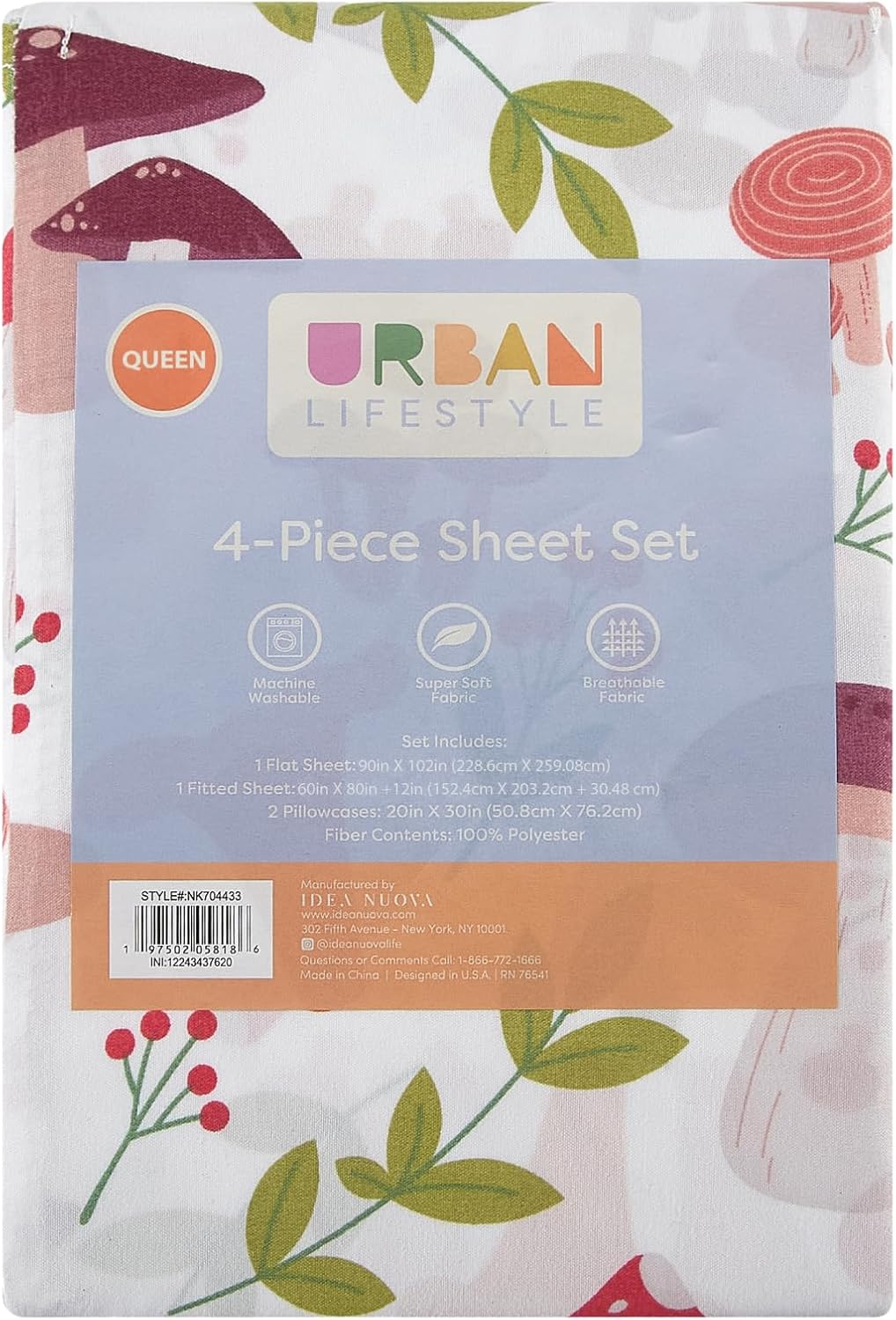 Urban Lifestyle 4 Piece Sheet Set, Including Top Sheet, Fitted Sheet and 2 Pillow Cases, Wild Mushroom Print, Queen