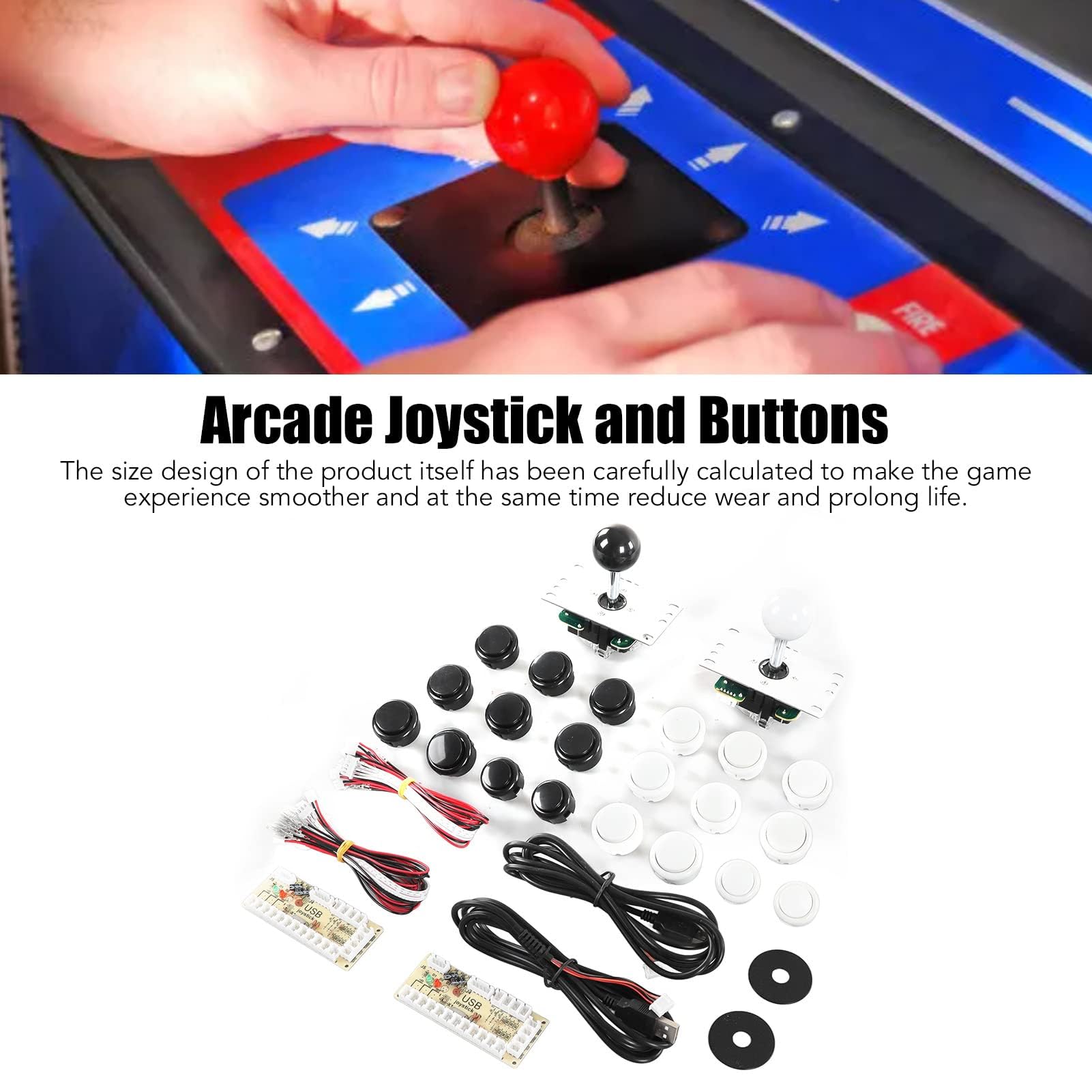 HERCHR 2 Giocatori Giochi Arcade Fai-da-Te Encoder Joystick Pulsanti Arcade Set 2 Maniglie Joystick Ovali Ellipse 20 Pulsanti Arcade(Nero+Bianco)