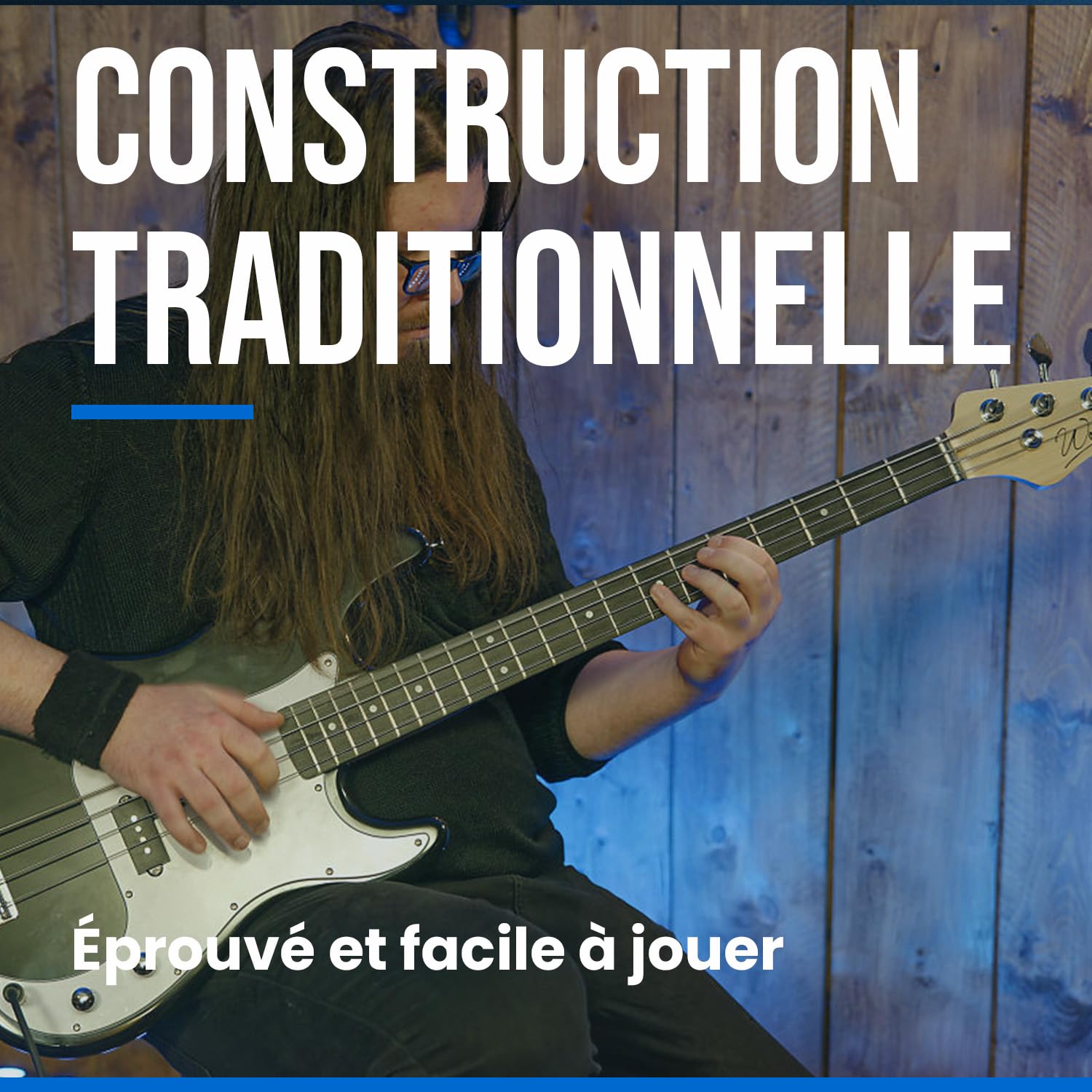 Basse électrique Woodbrass PB100 Noire - Guitare basse polyvalente idéale pour débuter - Corps forme PB Frêne Touche érable - Style rock, pop, funk, blues, hard, jazz