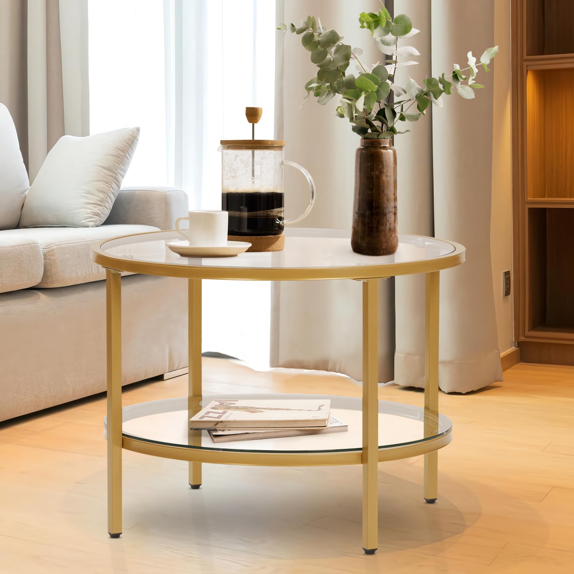 Real Relax Round Coffee Table, Clear Glass Top Coffee Table with 2-Tier Storage Space, Modern Center Table for Living Room, Small Space, Bedroom, Meeting Room, Balcony, Gold