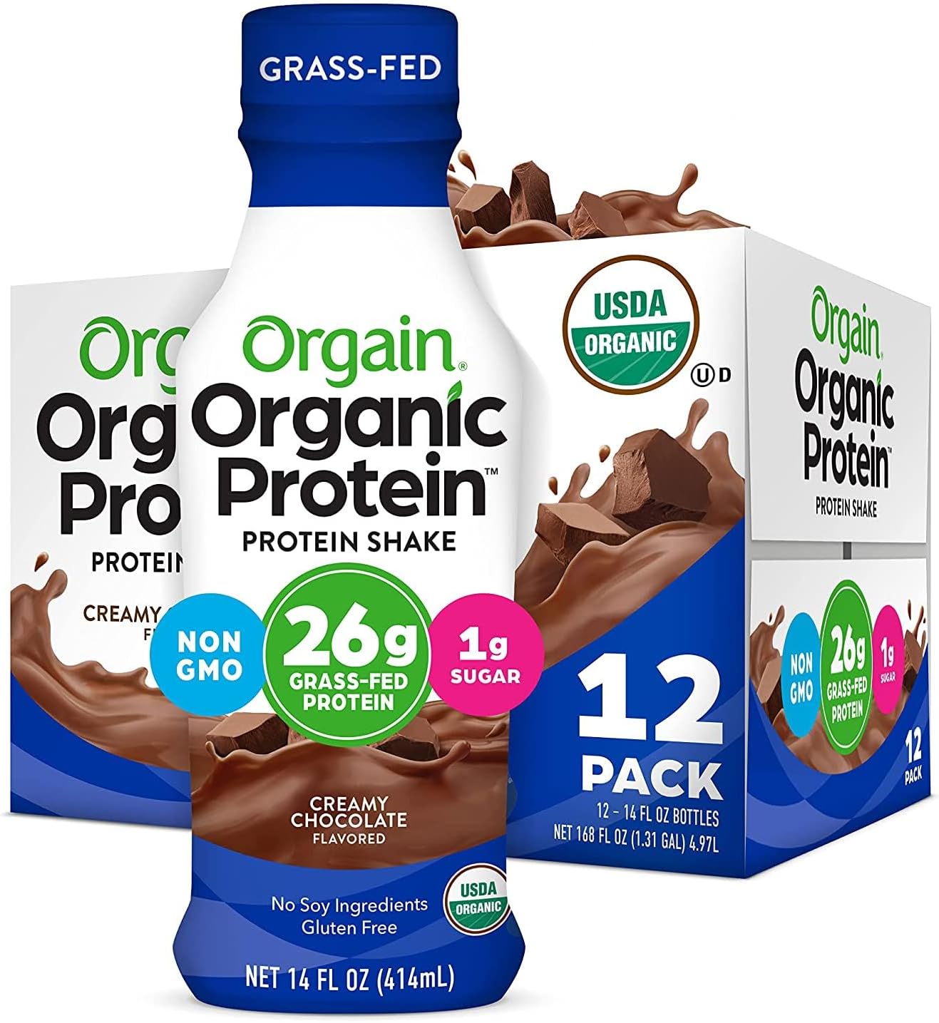 Organic Protein Shake, Grass Fed Dairy, Creamy Chocolate - 26g High Protein Whey Shake, Ready to Drink, Gluten Free, No Soy Ingredients, No Sugar Added, 14 Fl Oz (Pack of 12)