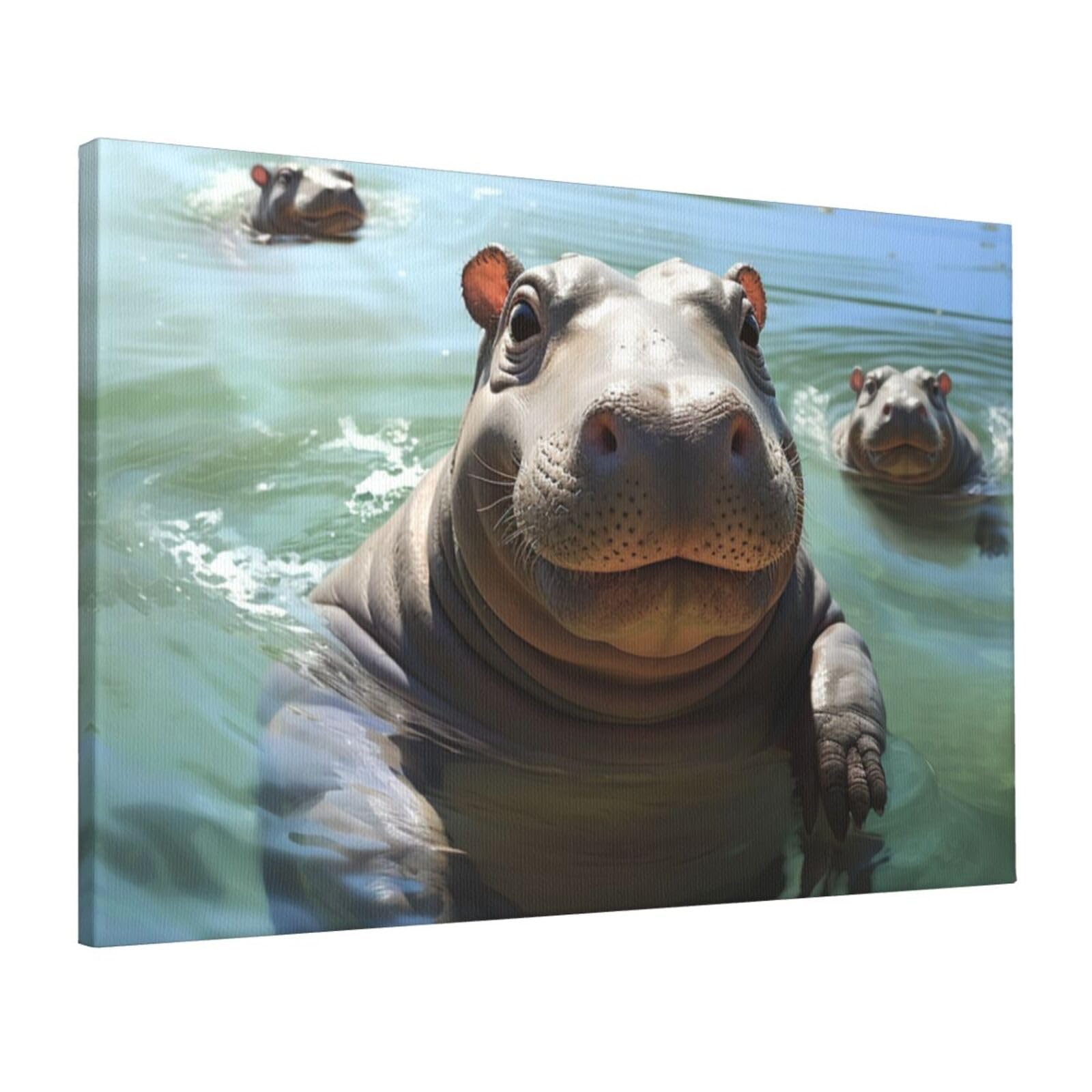 FodPand Canvas Wall Art for Living Room Wall Decor 16"x24" Modern Artwork Painting Pictures Hanging Canvas Prints Cute Hippos Aesthetic Wall Art for Bedroom Bathroom Office Wallart Decor