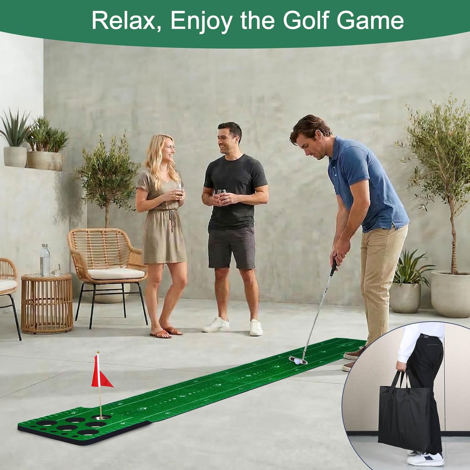Chriiena Golf Putting Game Mat, Indoor Putting Green Set with 2 Balls, 1 Storage Bag, 1 Flag & Cup, Portable Pong Game Mat for Backyard Party Use